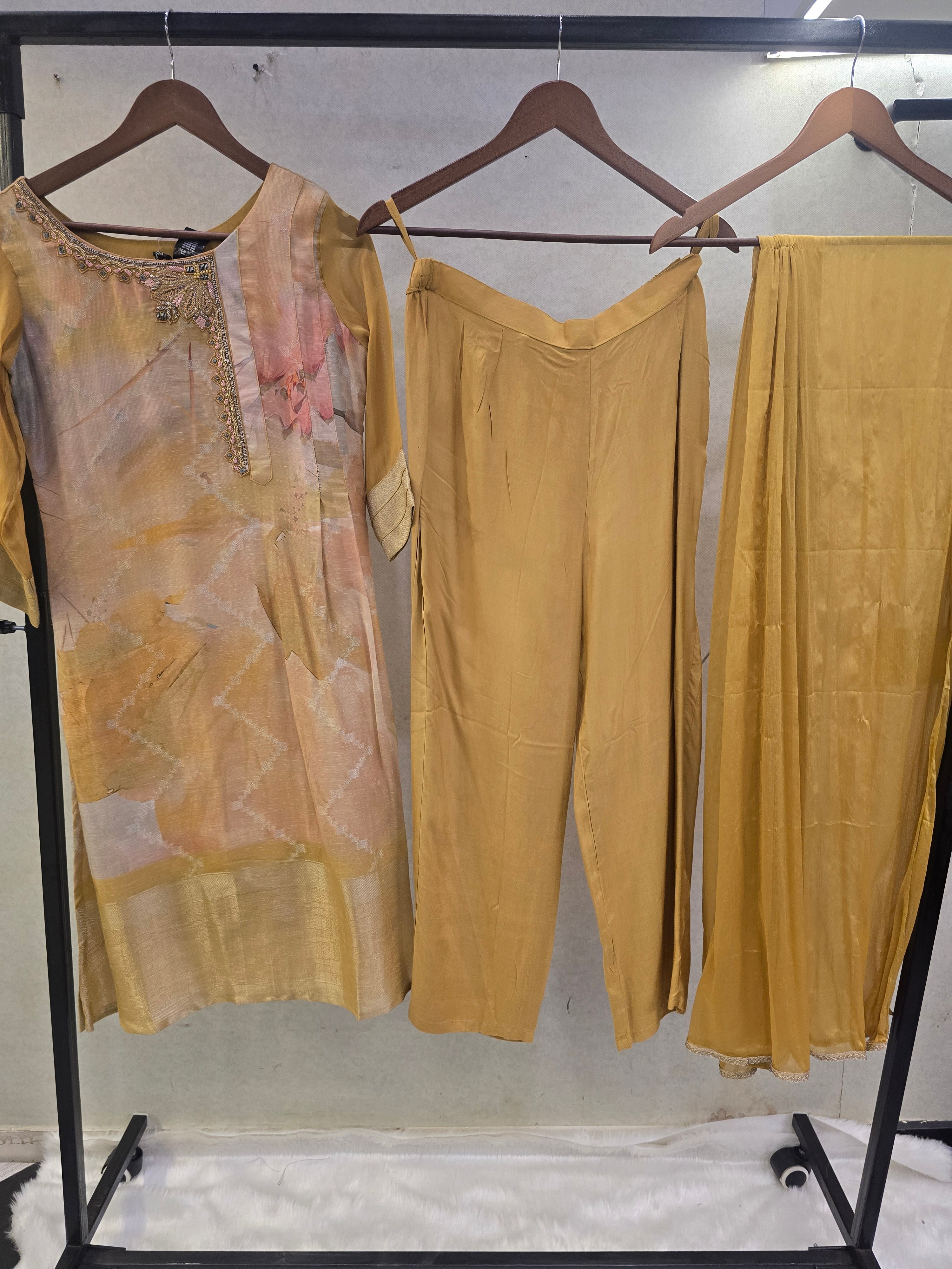 Image of Mustard Abstract Printed Designer Kurta Set with Chiffon Dupatta | Premium 3 Piece Ethnic Suit
