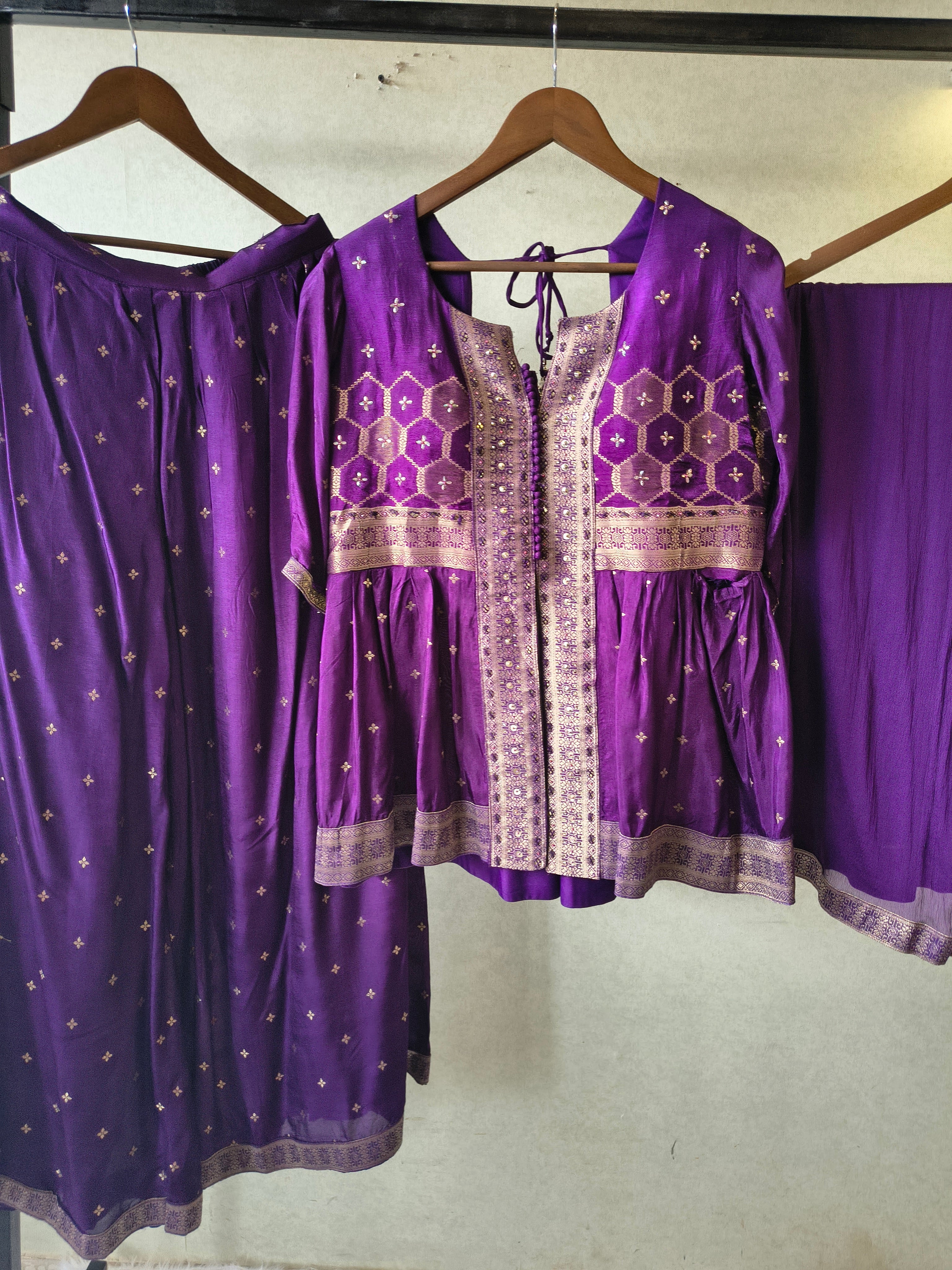 Image of Royal Purple Tissue Silk Embroidered Peplum Jacket with Flared Palazzo & Designer Dupatta – 3 Piece Festive Indo-Western Set