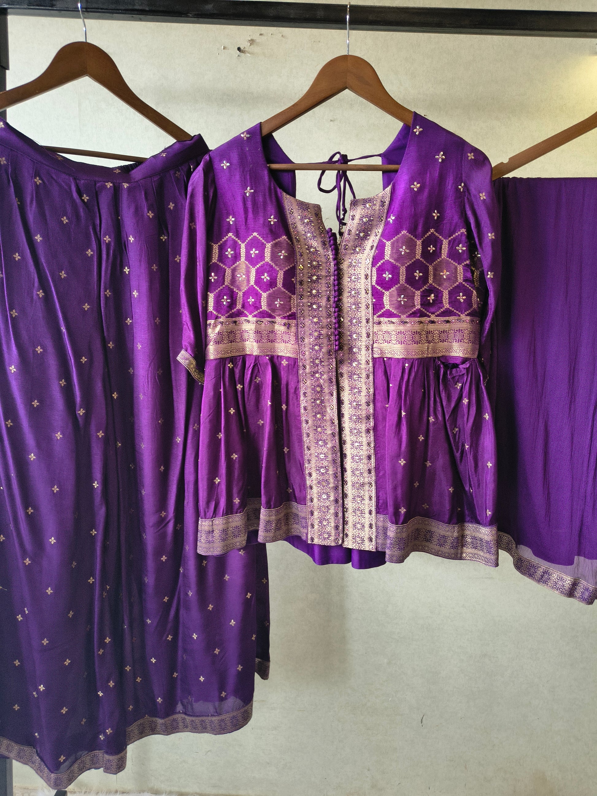 Royal Purple Tissue Silk Embroidered Peplum Jacket with Flared Palazzo & Designer Dupatta – 3 Piece Festive Indo-Western Set