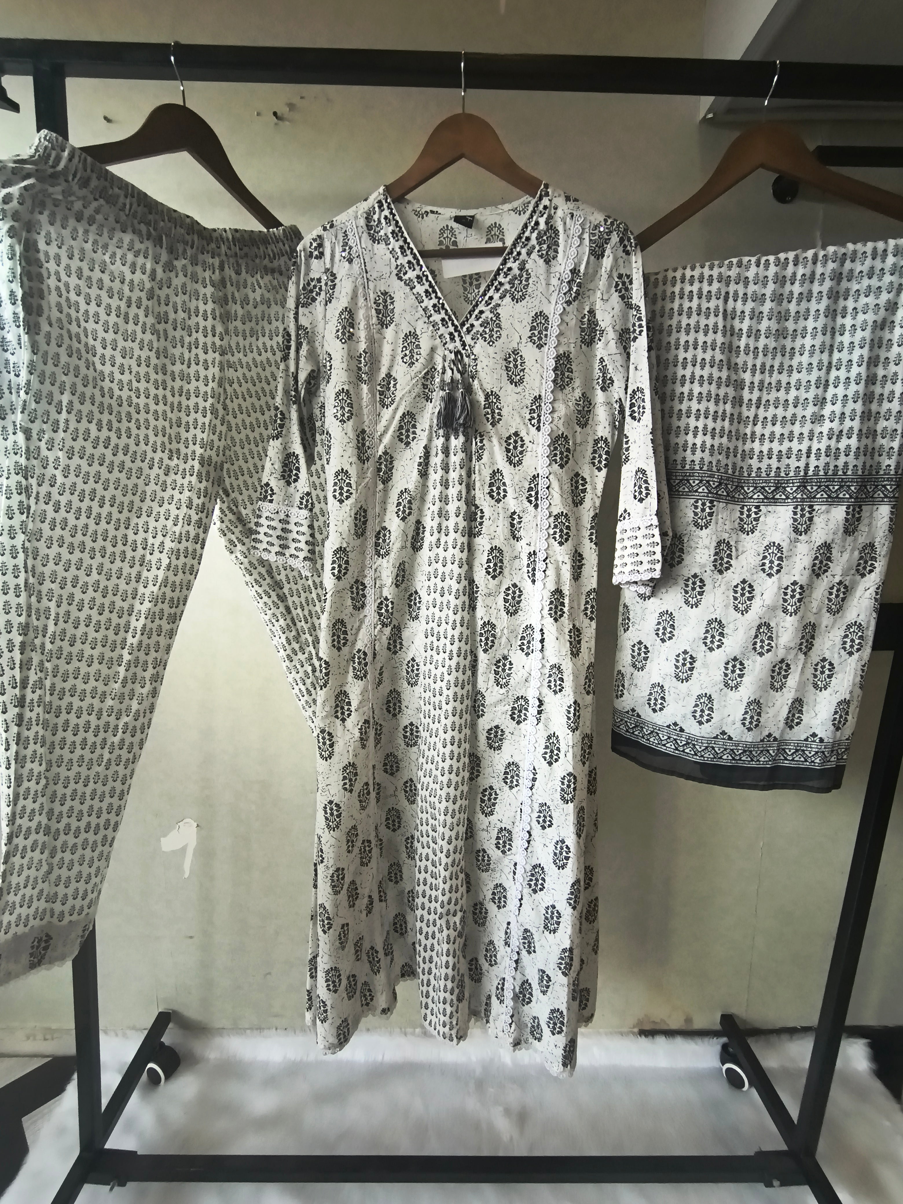 Image of Premium Black & White Hand Block Printed Cotton Anarkali Kurta Set with Printed Pants & Dupatta