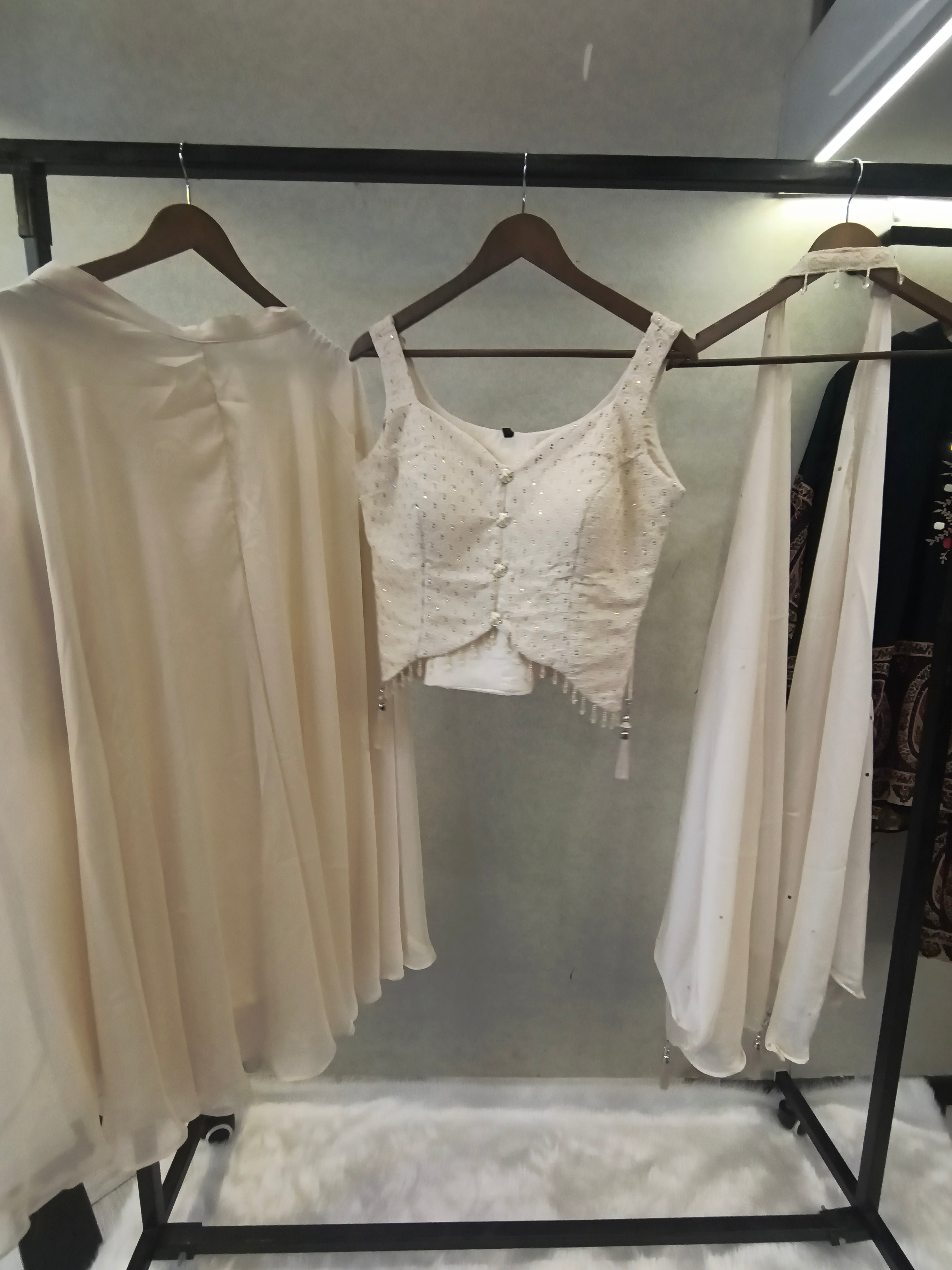 Image of Ivory Embroidered Designer Blouse with Flared Palazzo & Choker Dupatta – 3 Piece Indo-Western Festive Set