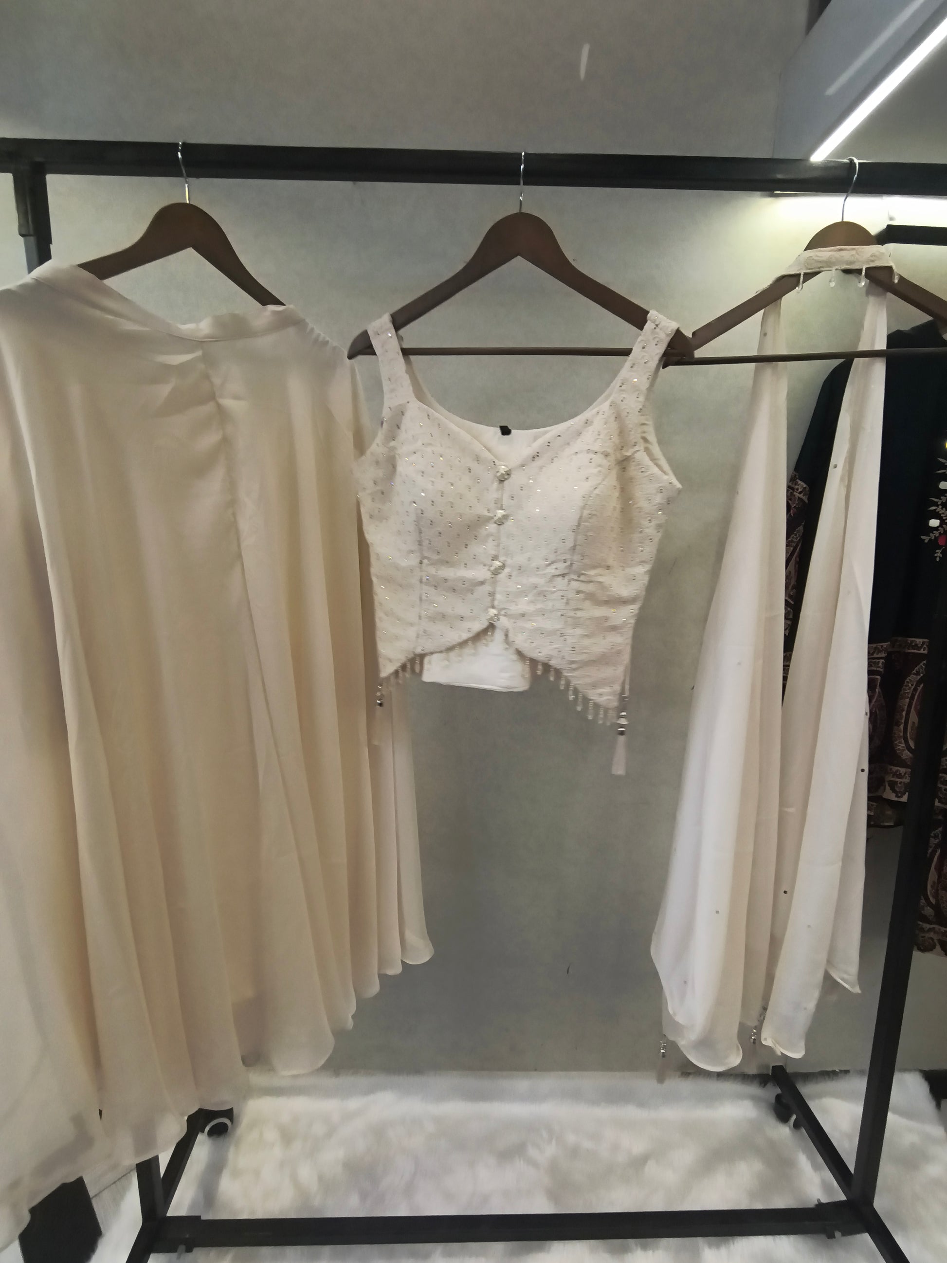 Ivory Embroidered Designer Blouse with Flared Palazzo & Choker Dupatta – 3 Piece Indo-Western Festive Set