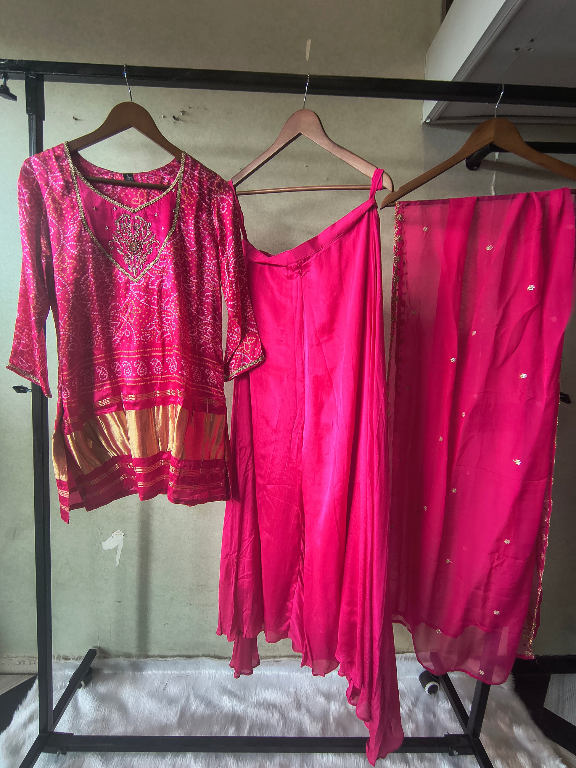 Rani Pink Bandhani Sharara Set with Zari Border & Embroidered Dupatta – Premium 3 Piece Festive Ensemble