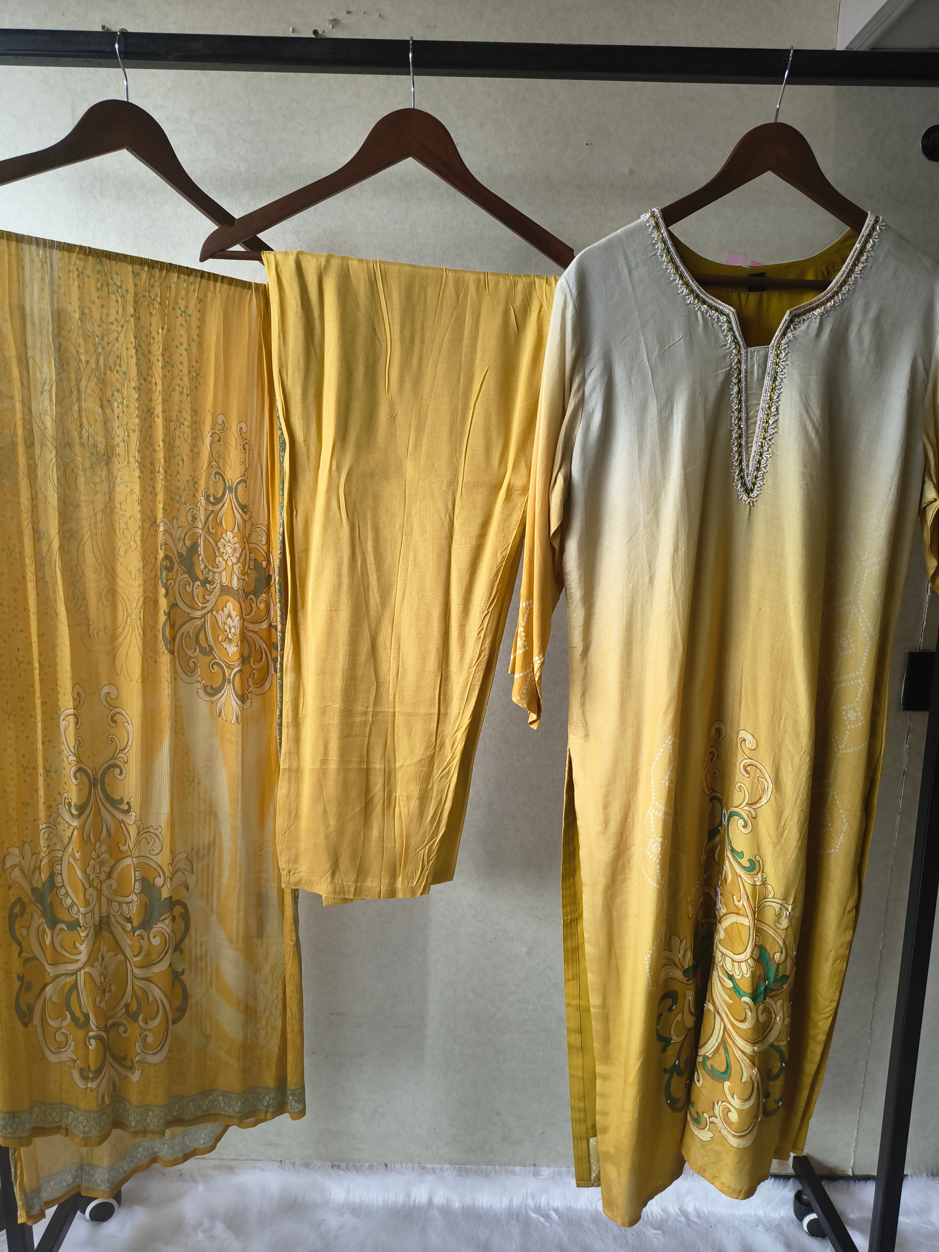 Image of Premium Mustard Yellow Ornamental Print Straight Kurta Set with Designer Dupatta & Straight Pants