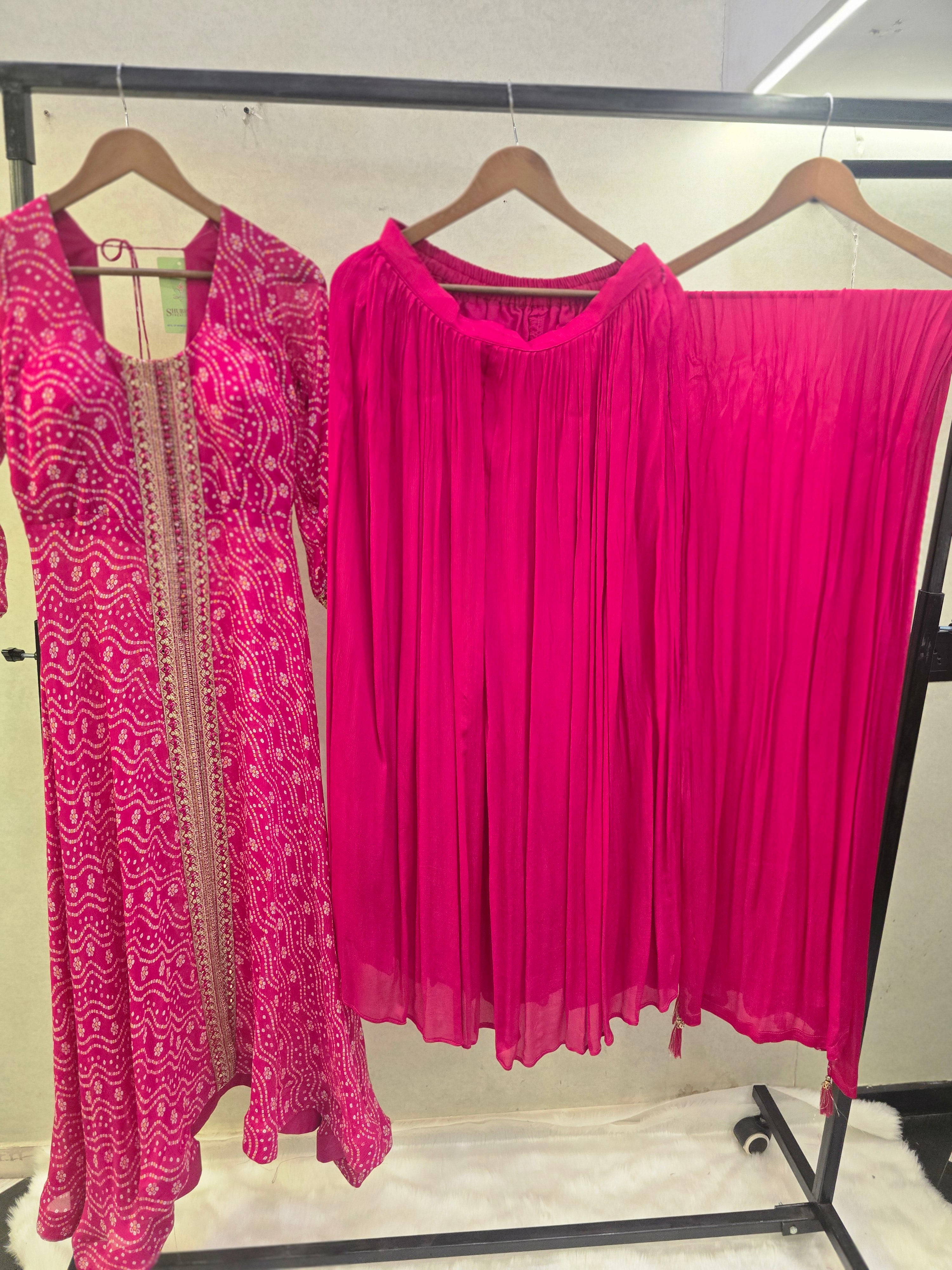 Image of Rani Pink Bandhani Print Anarkali Kurta Set with Flared Palazzo & Chiffon Dupatta | Premium 3 Piece Ethnic Suit