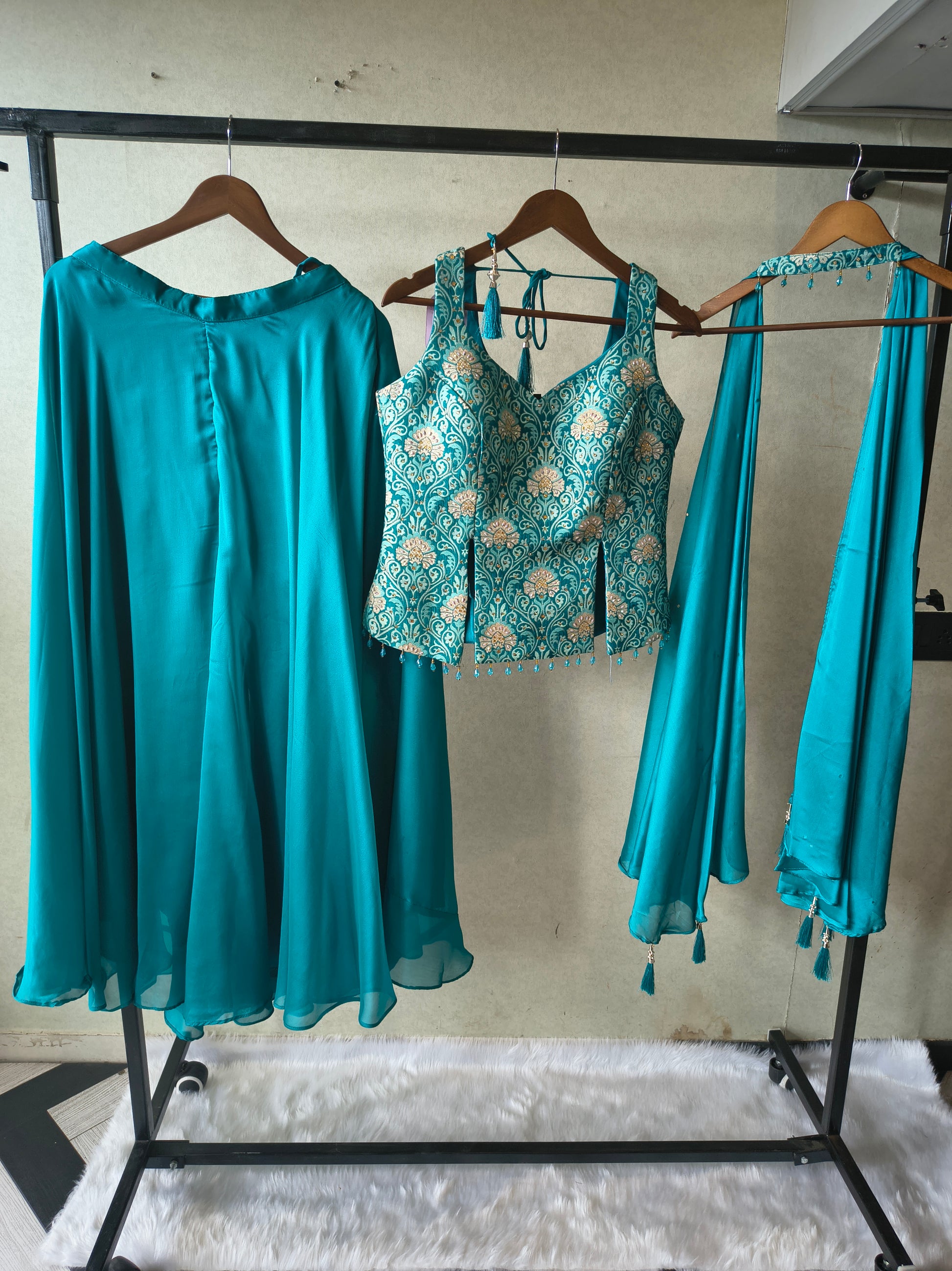 Premium Turquoise Blue 3-Piece Designer Lehenga Set with Brocade Embroidered Blouse & Tassel Dupatta