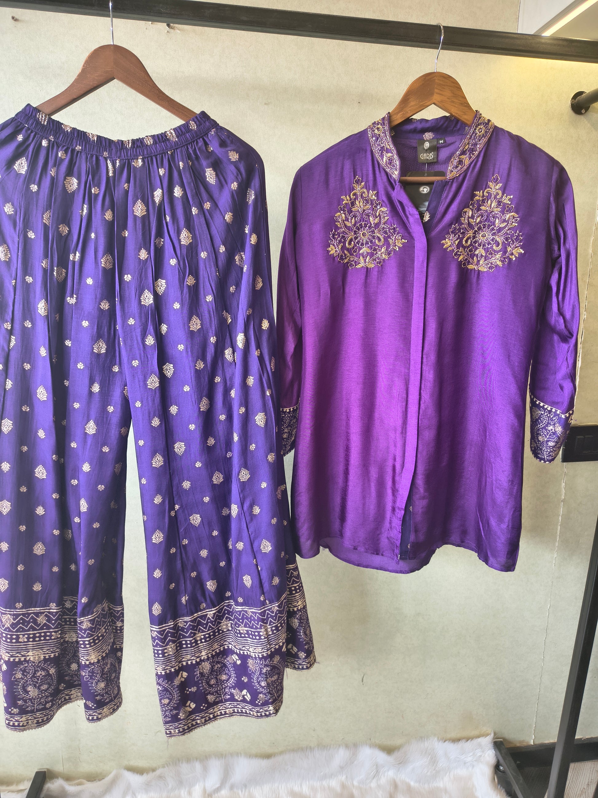 Royal Purple Designer Embroidered Co-Ord Set with Printed Palazzo