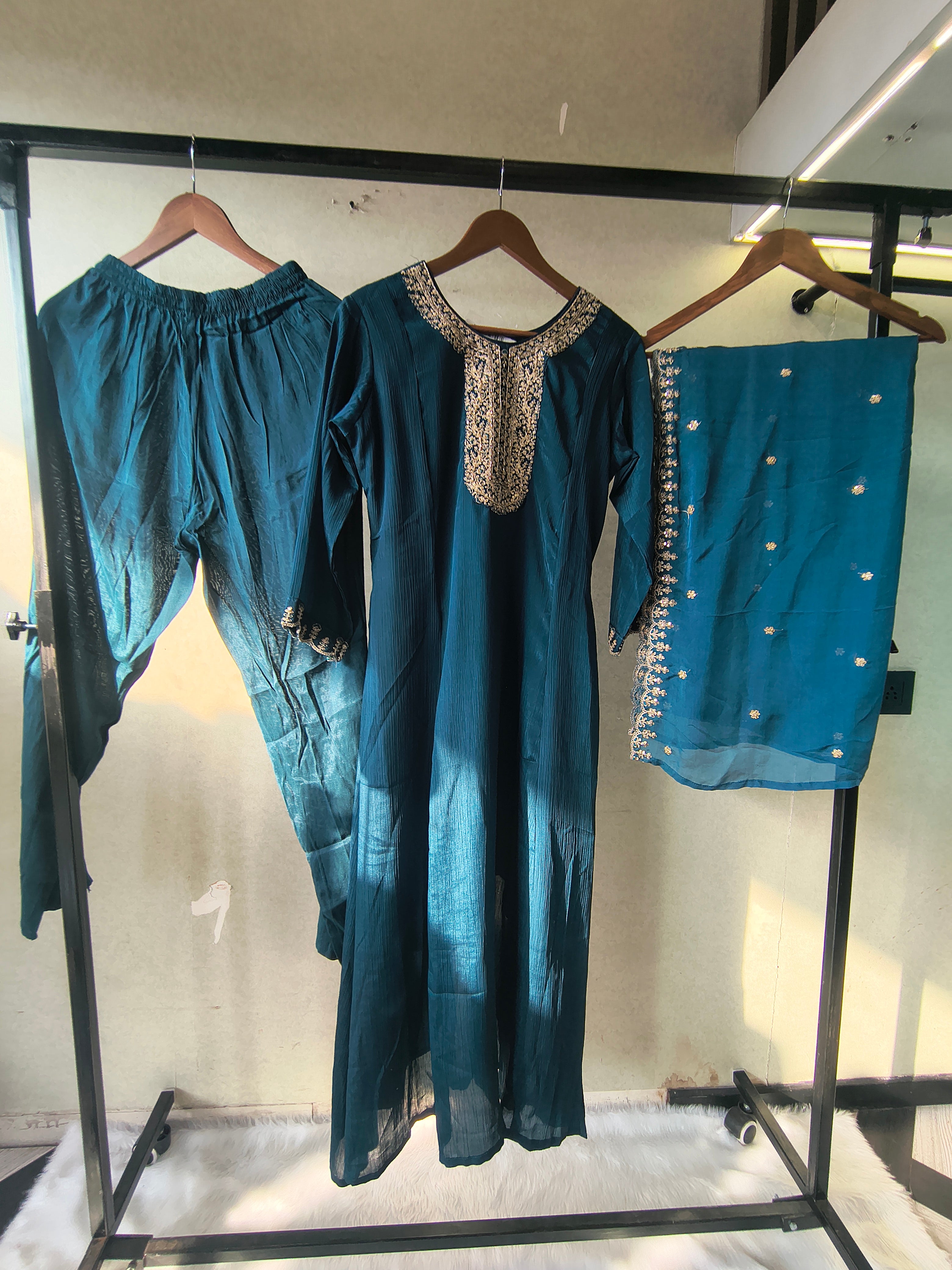 Image of Premium Teal Blue Embroidered Straight Kurta with Salwar Pants & Embellished Dupatta Set