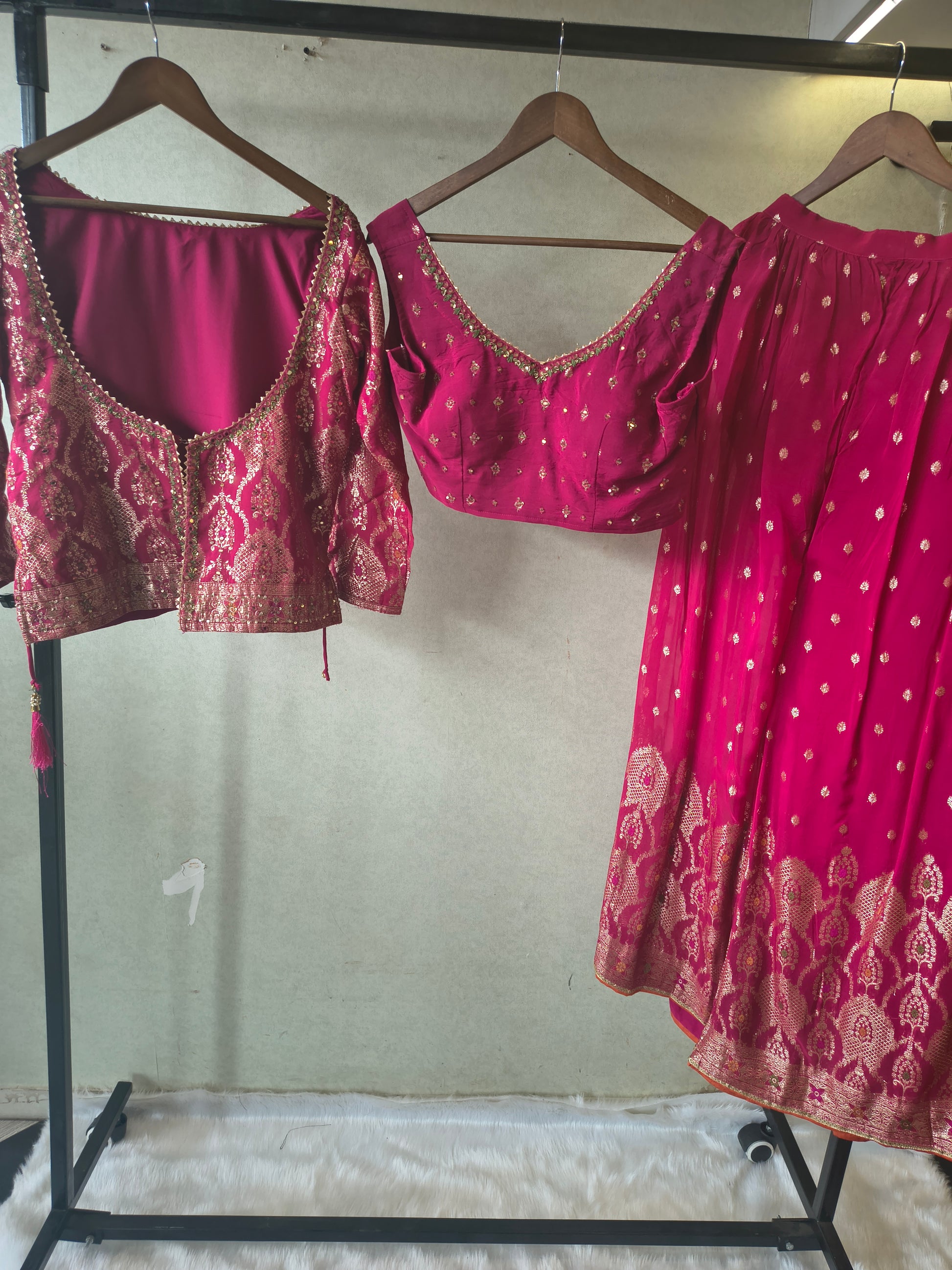 Rani Pink Banarasi Lehenga Set with Dual Designer Blouses – Woven Festive Wedding Ensemble