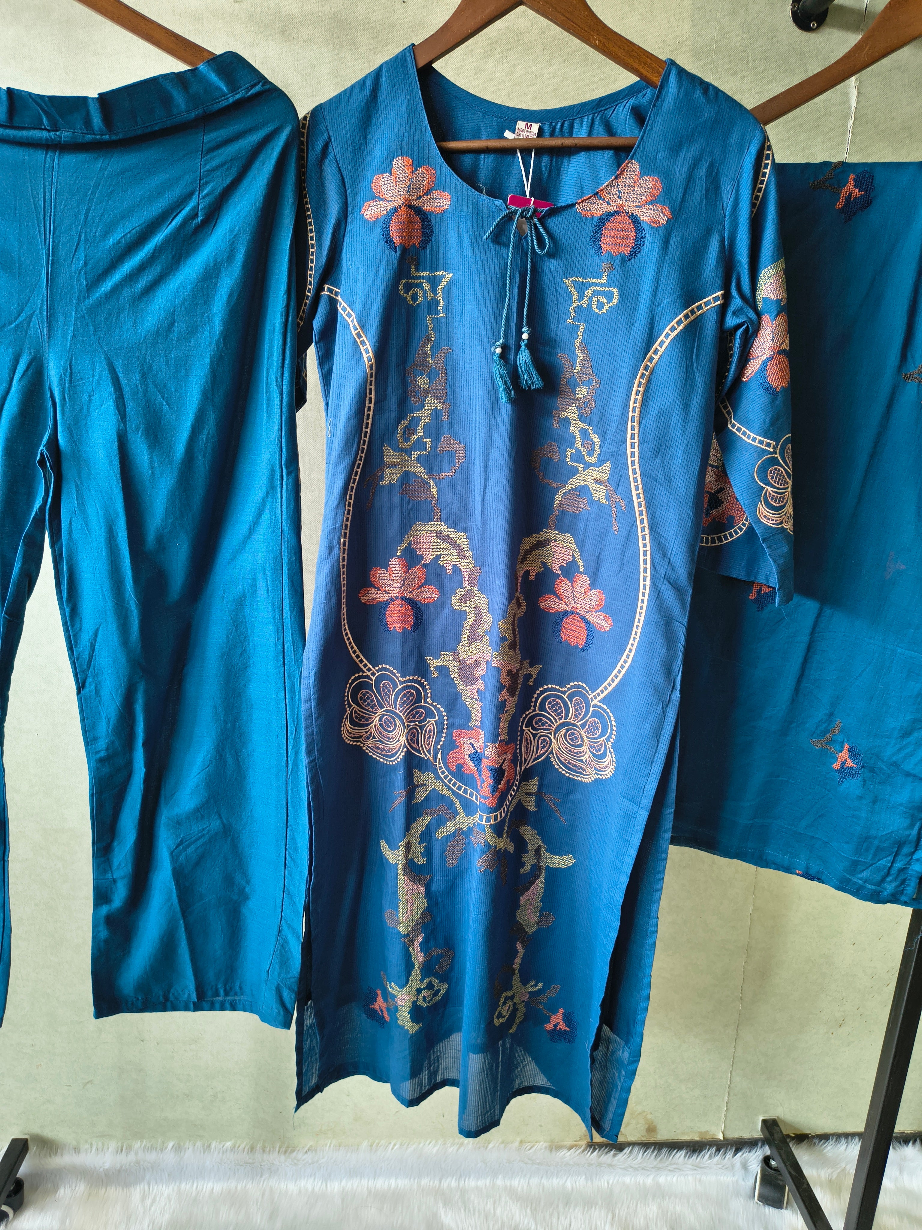 Image of Teal Blue Cotton 3-Piece Suit Set with Floral Vine Embroidery & Embroidered Dupatta