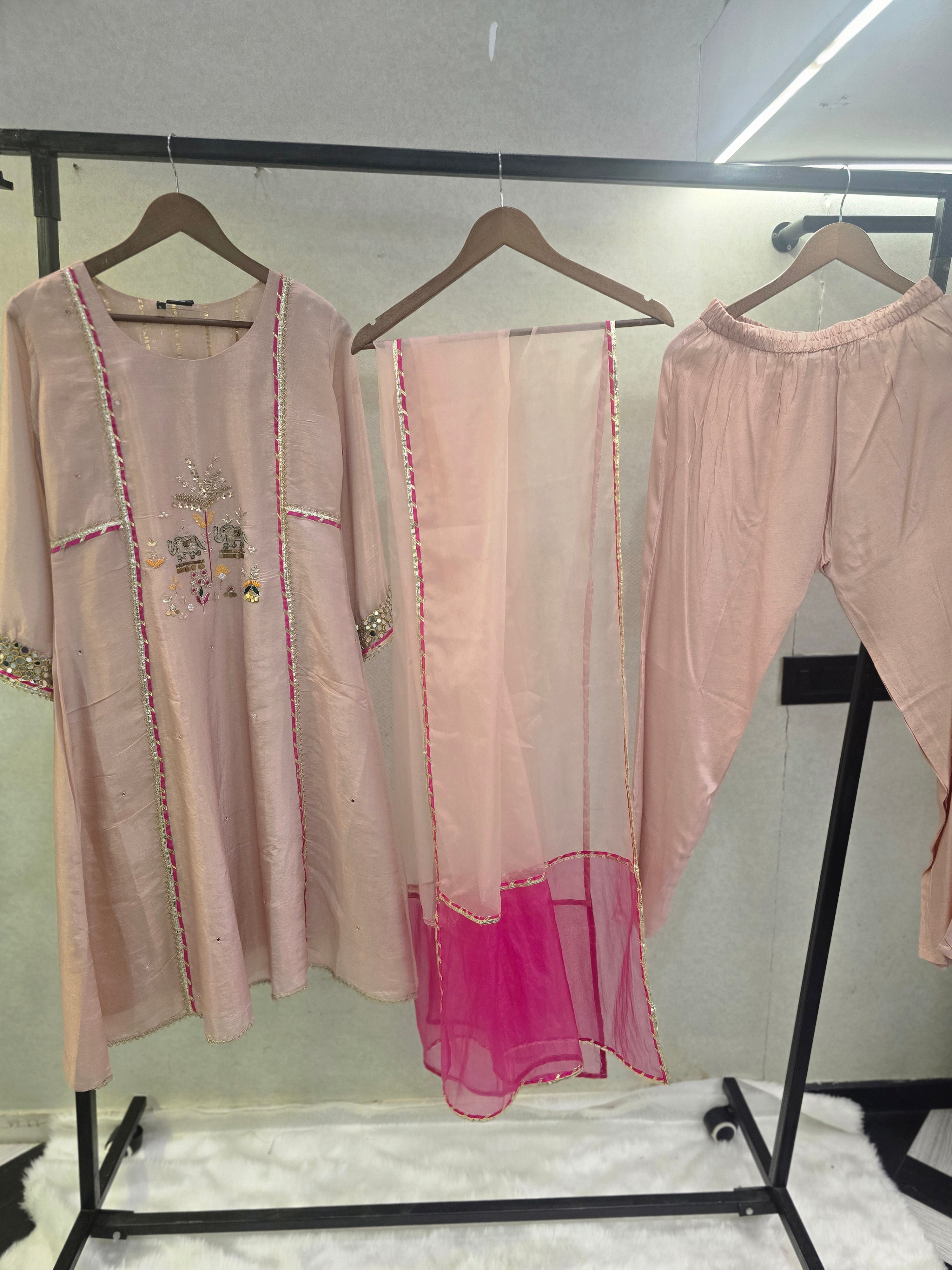 Image of Blush Pink Hand-Embroidered Kurta Set with Contrast Organza Dupatta | Premium 3 Piece Ethnic Suit