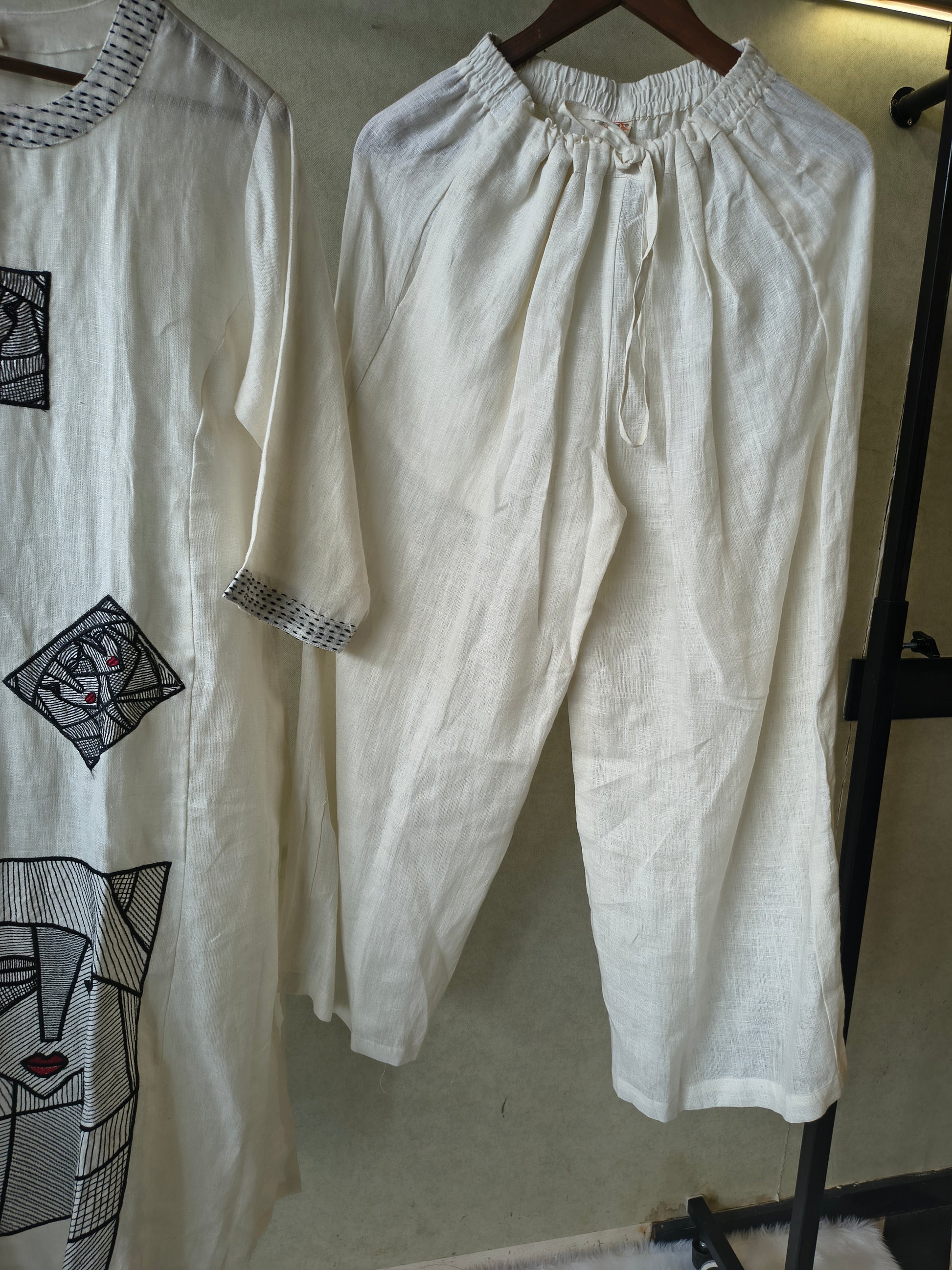 Premium Off-White Artistic Abstract Embroidered Cotton Kurta with Straight Pants Set