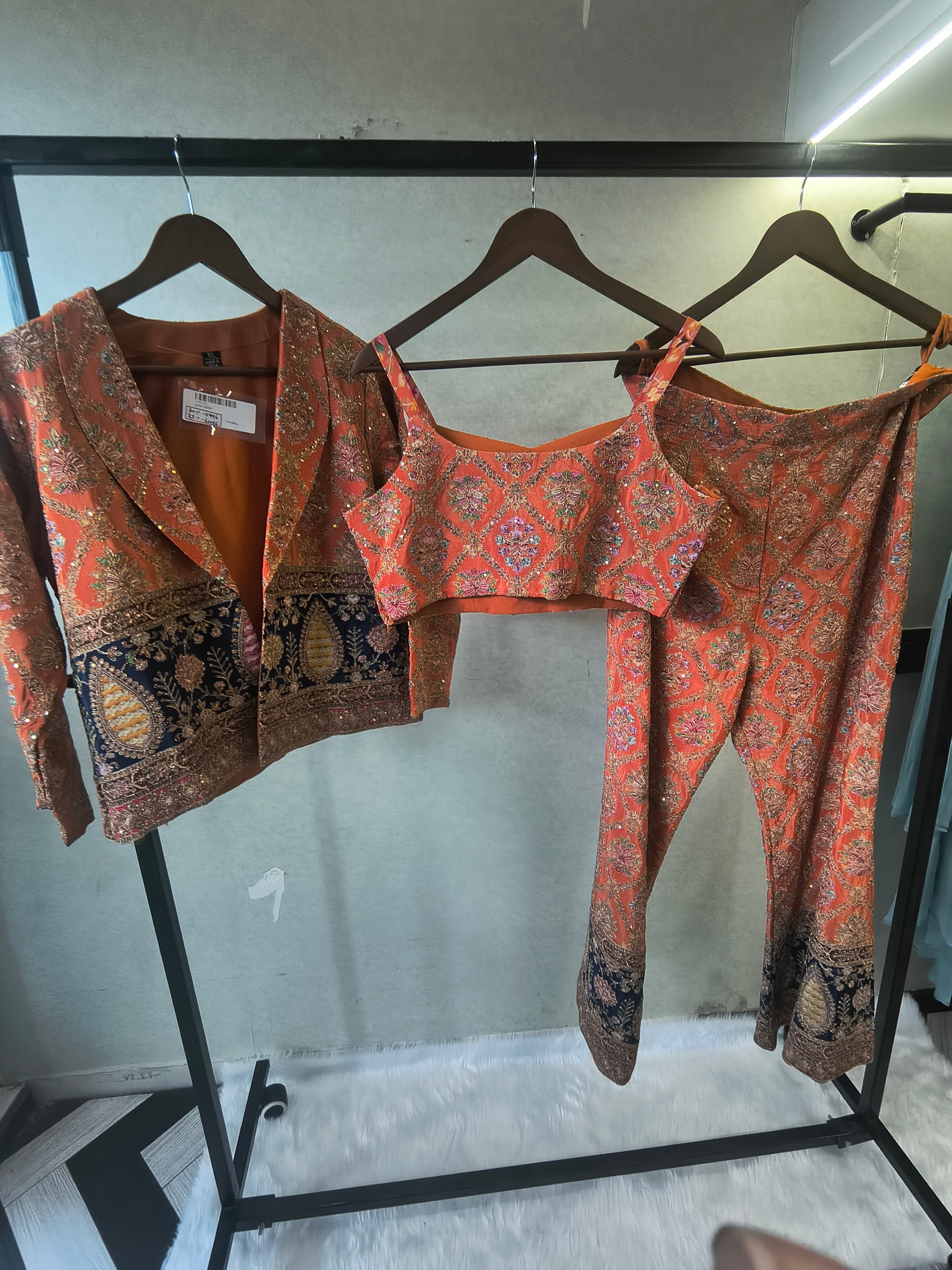 Image of Luxury Coral Brocade Bralette with Embroidered Jacket & Designer Brocade Pants – 3 Piece Indo-Western Co-Ord Set