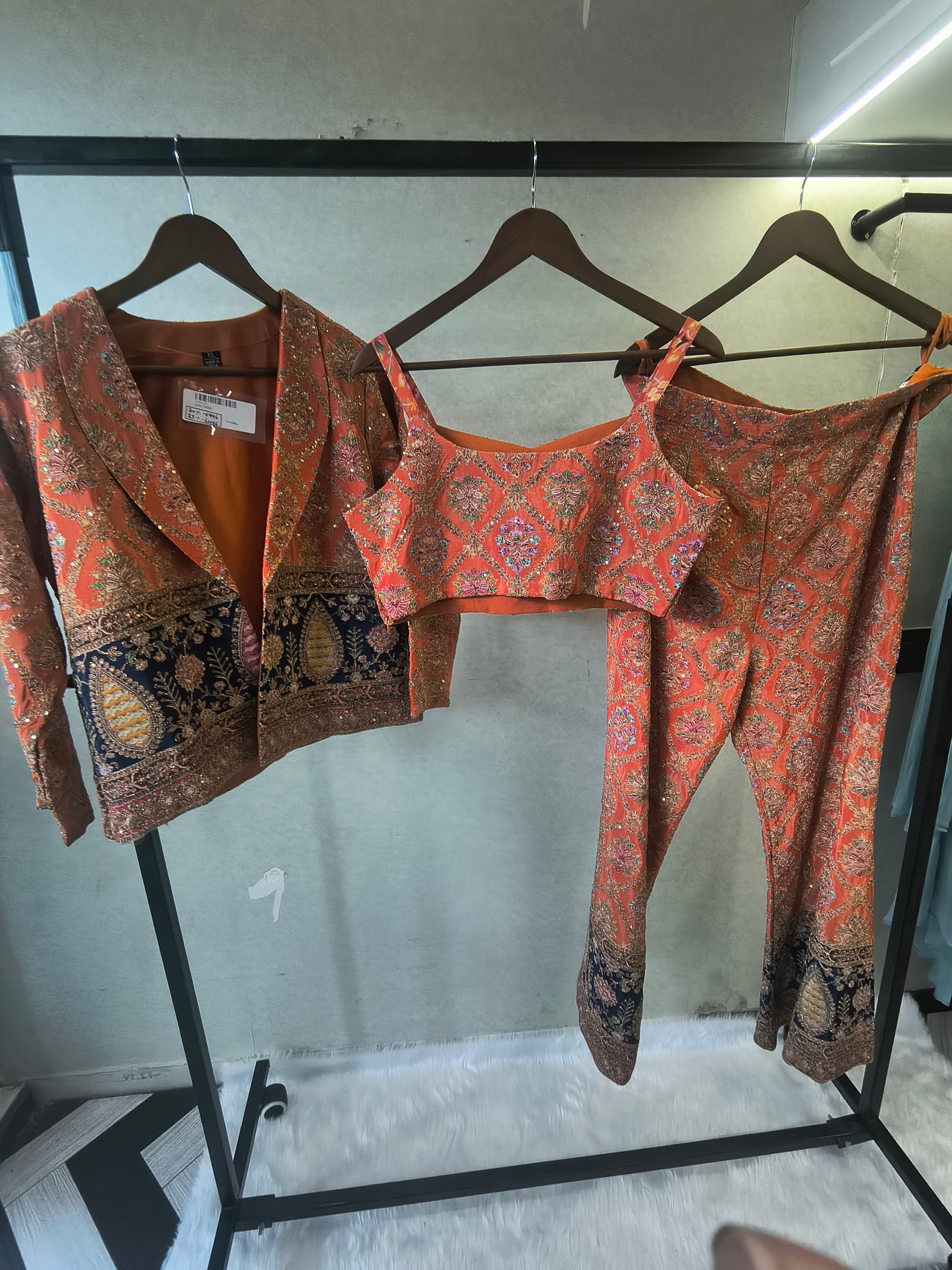 Luxury Coral Brocade Bralette with Embroidered Jacket & Designer Brocade Pants – 3 Piece Indo-Western Co-Ord Set