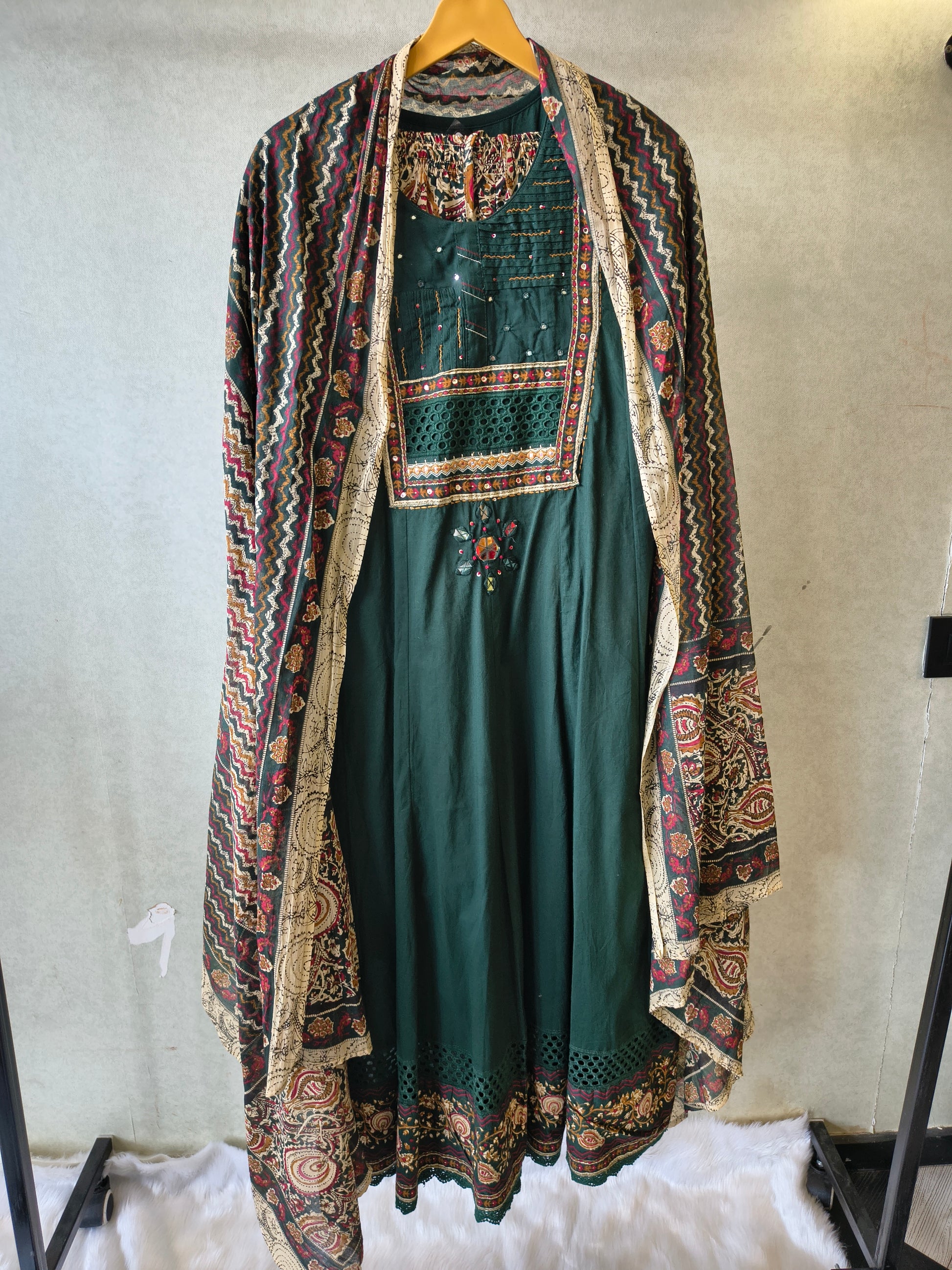 Emerald Green Embroidered Three-Piece Kurta Set with Printed Pant & Designer Dupatta