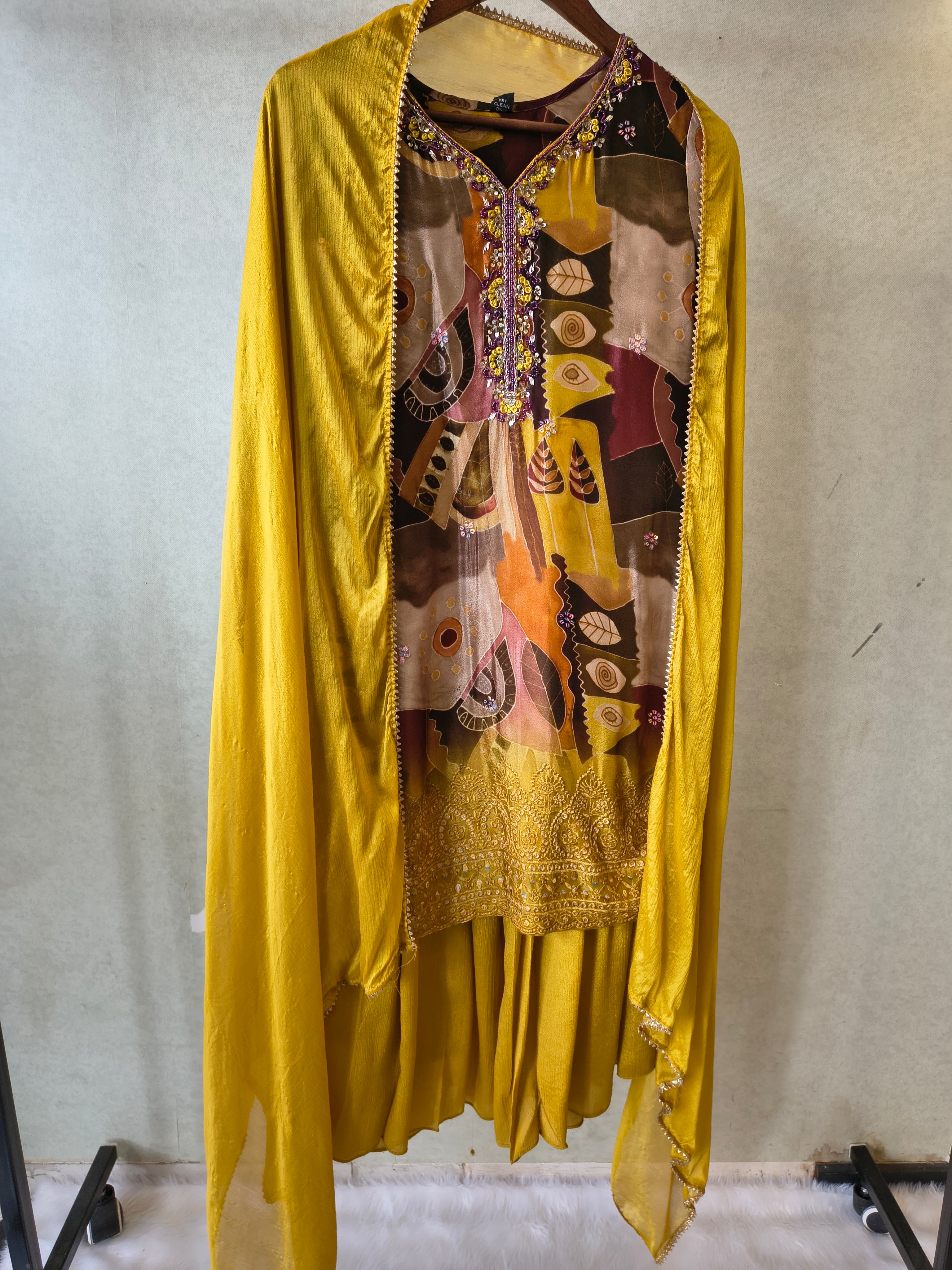 Image of Premium Mustard Abstract Printed Kurta with Sharara & Dupatta Set