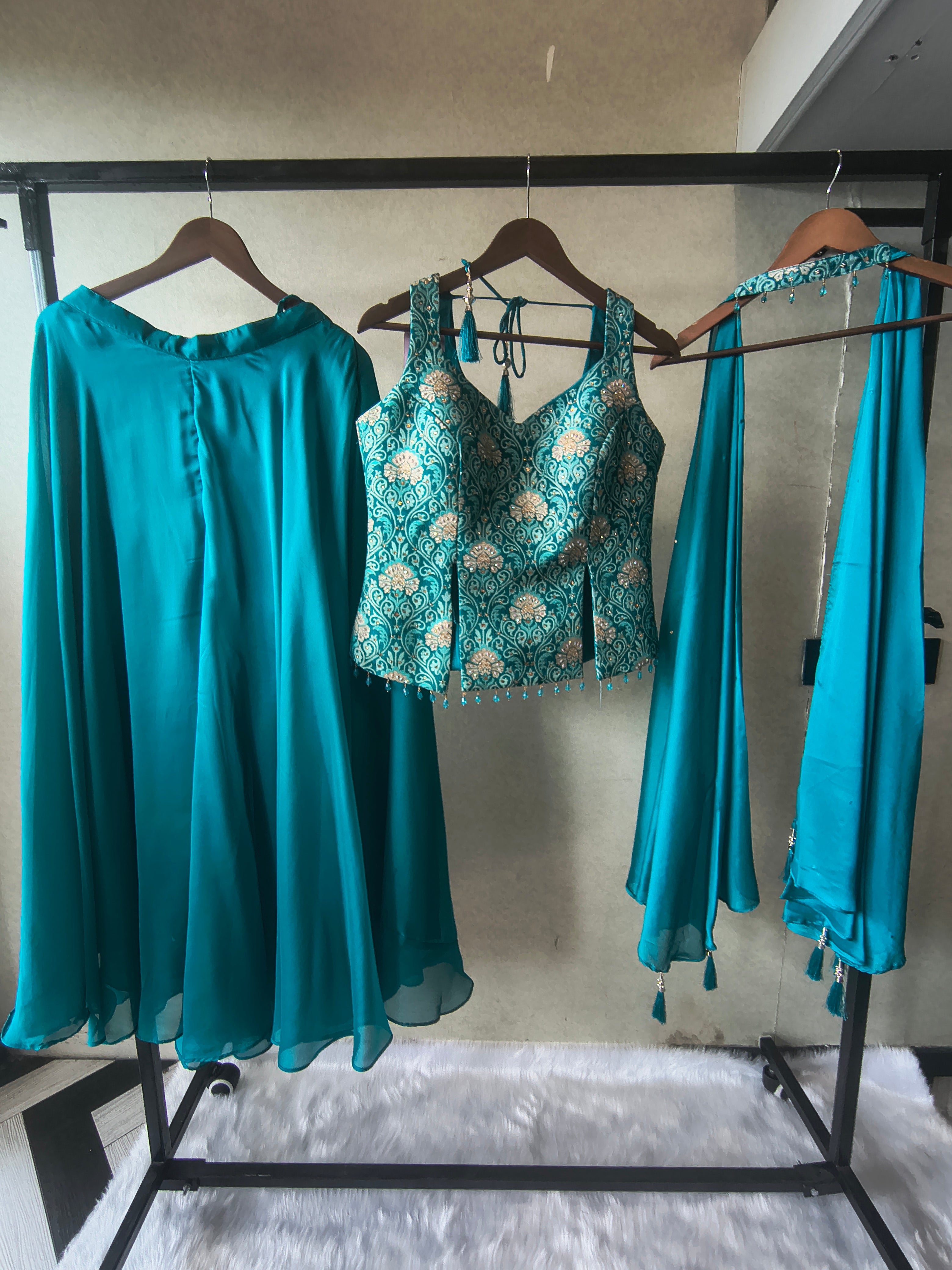 Image of Premium Turquoise Blue 3-Piece Designer Lehenga Set with Brocade Embroidered Blouse & Tassel Dupatta
