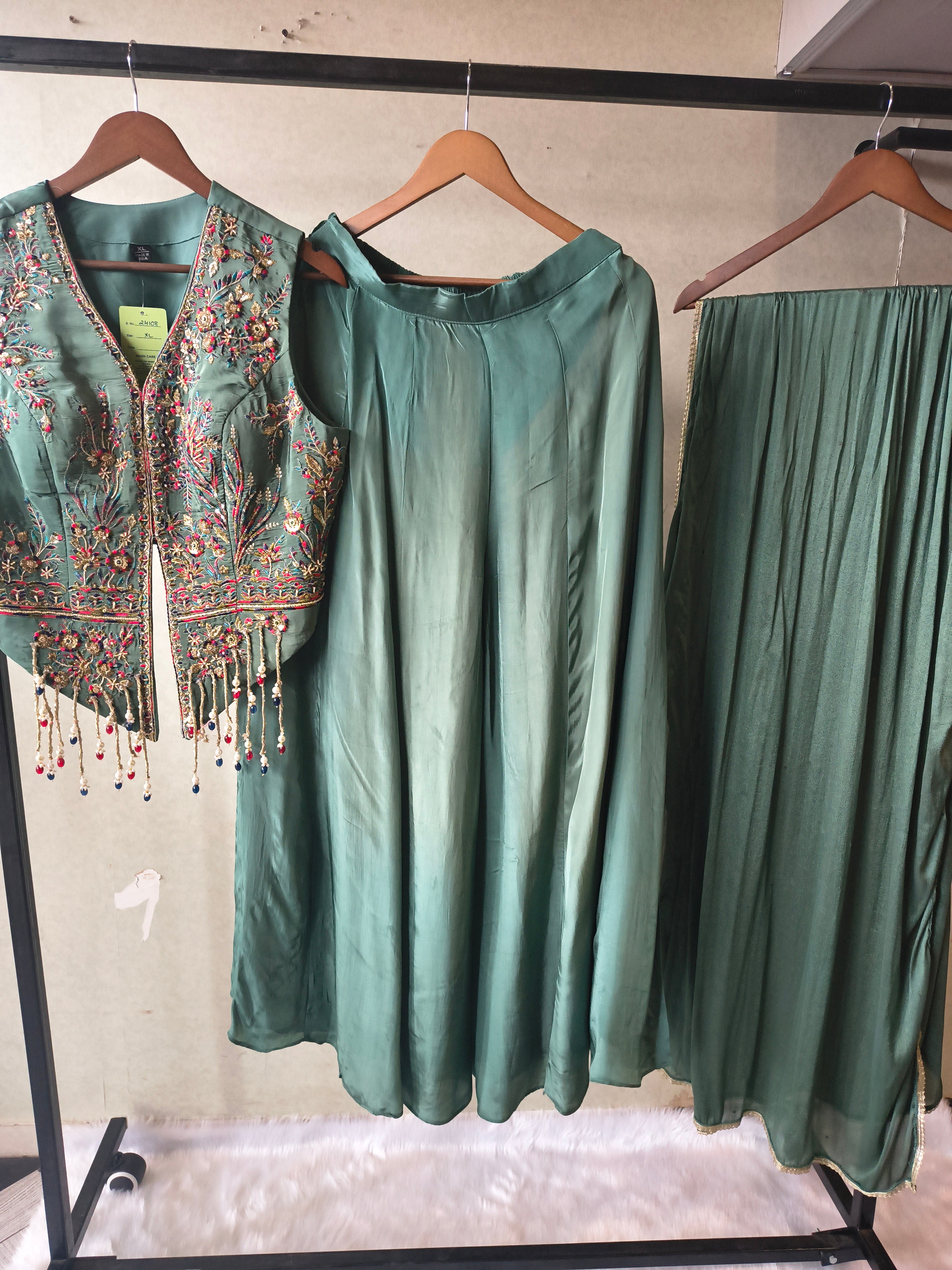 Image of Premium Emerald Green Satin Silk 3-Piece Lehenga Set with Hand Embroidered Crop Jacket & Dupatta