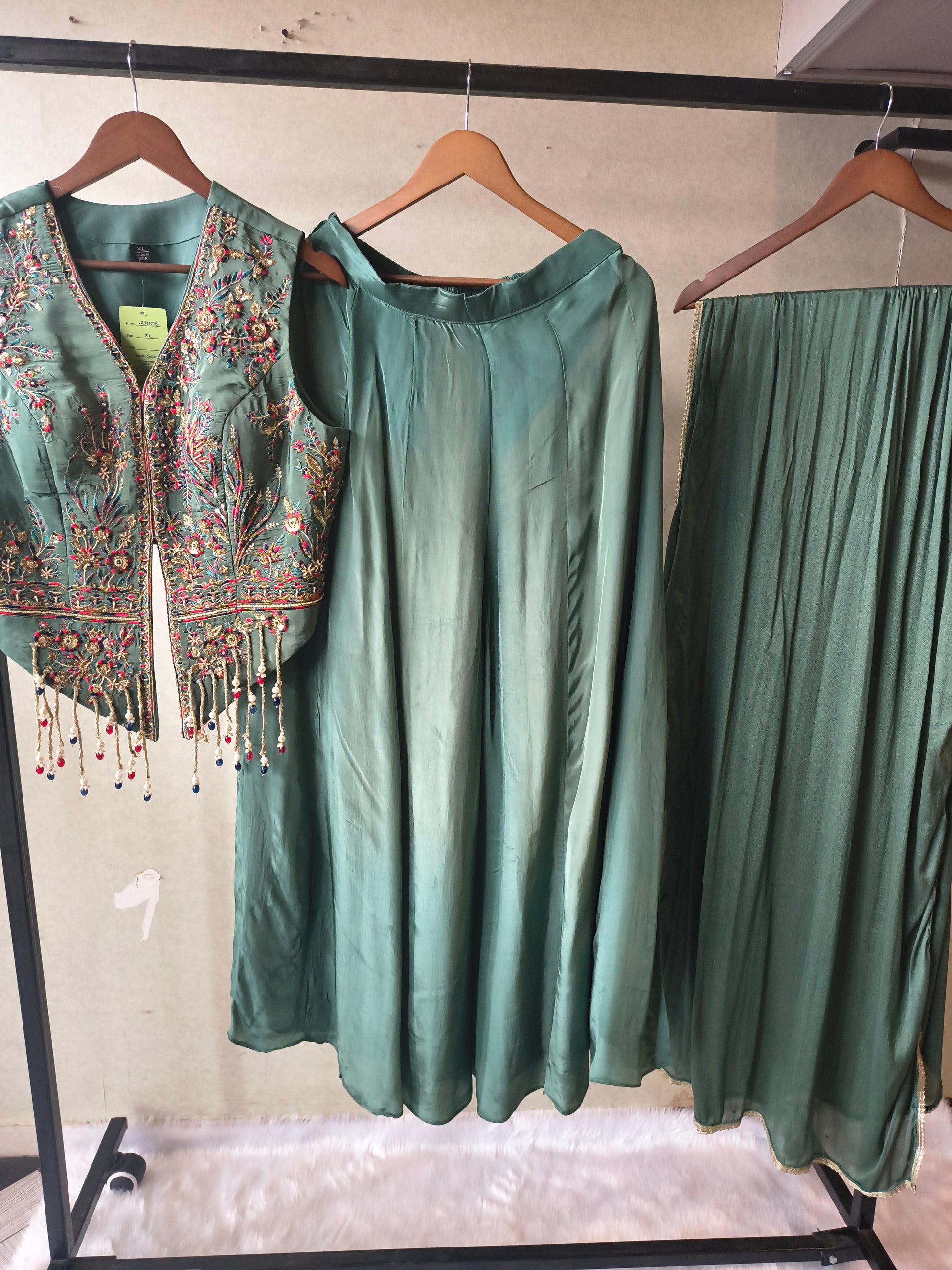 Premium Emerald Green Satin Silk 3-Piece Lehenga Set with Hand Embroidered Crop Jacket & Dupatta
