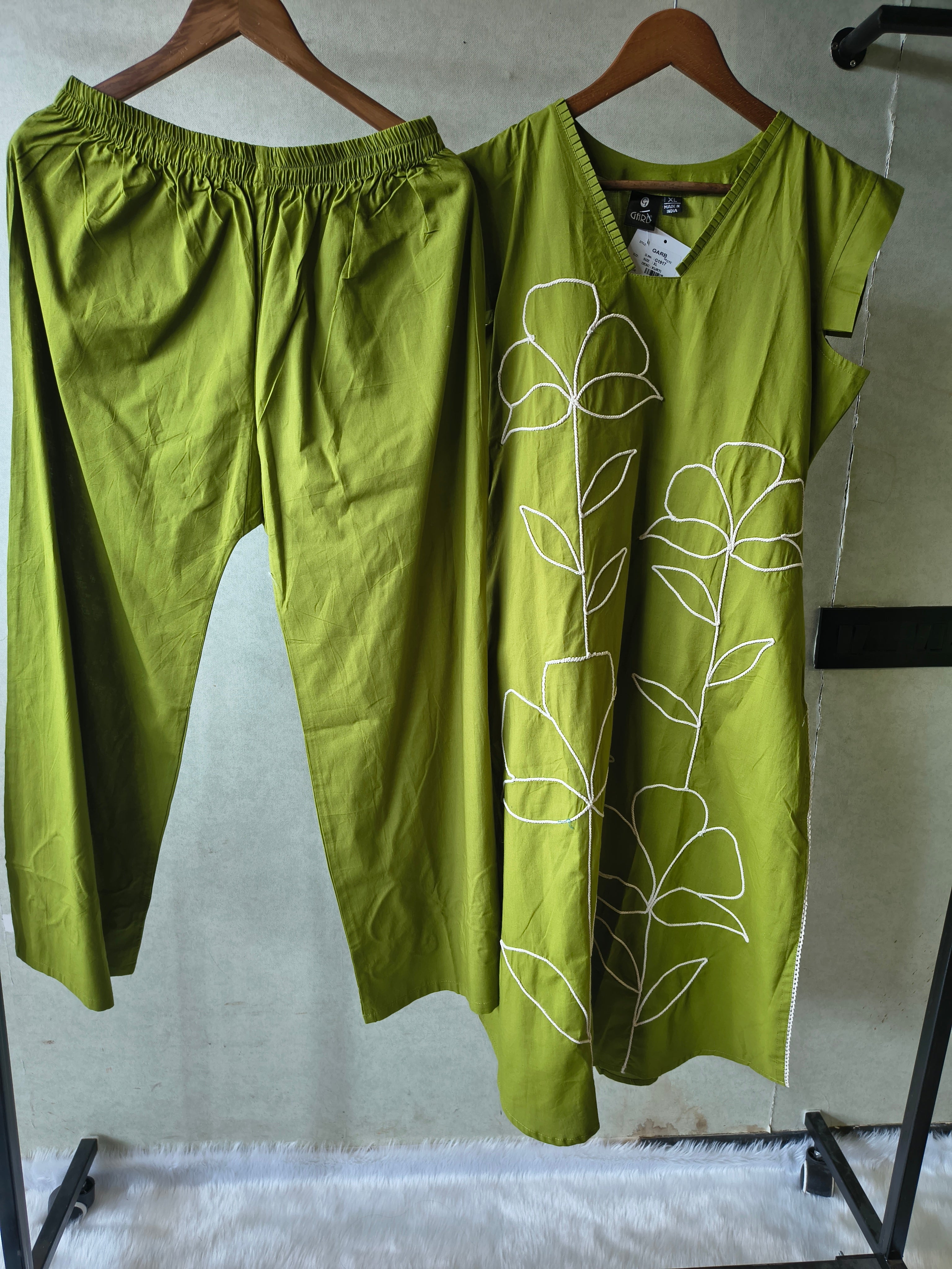 Image of Olive Green Cotton Co-Ord Set with Abstract Floral Cord Embroidery