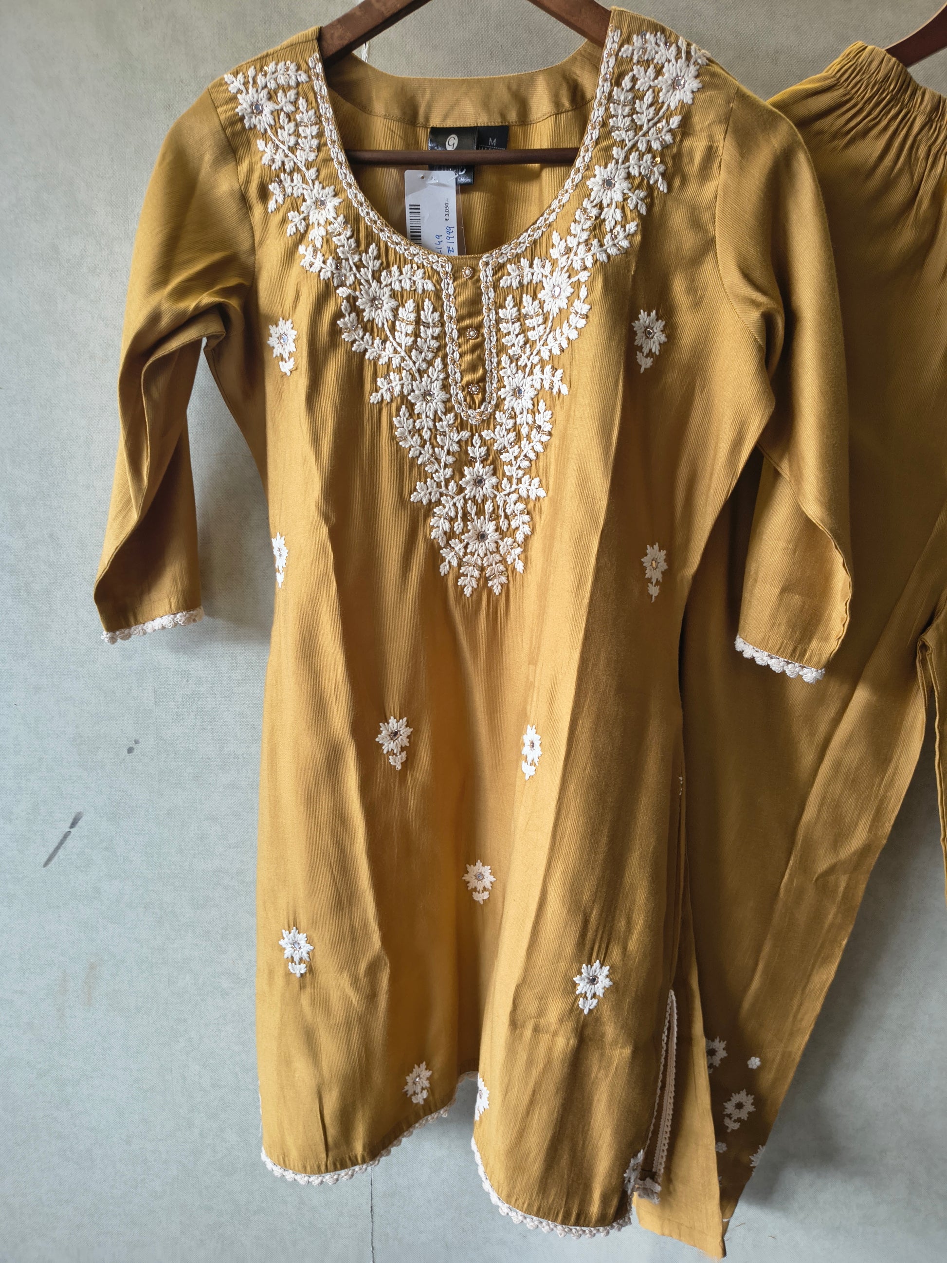Mustard Yellow White Embroidered Premium Kurta Pant Co-Ord Set
