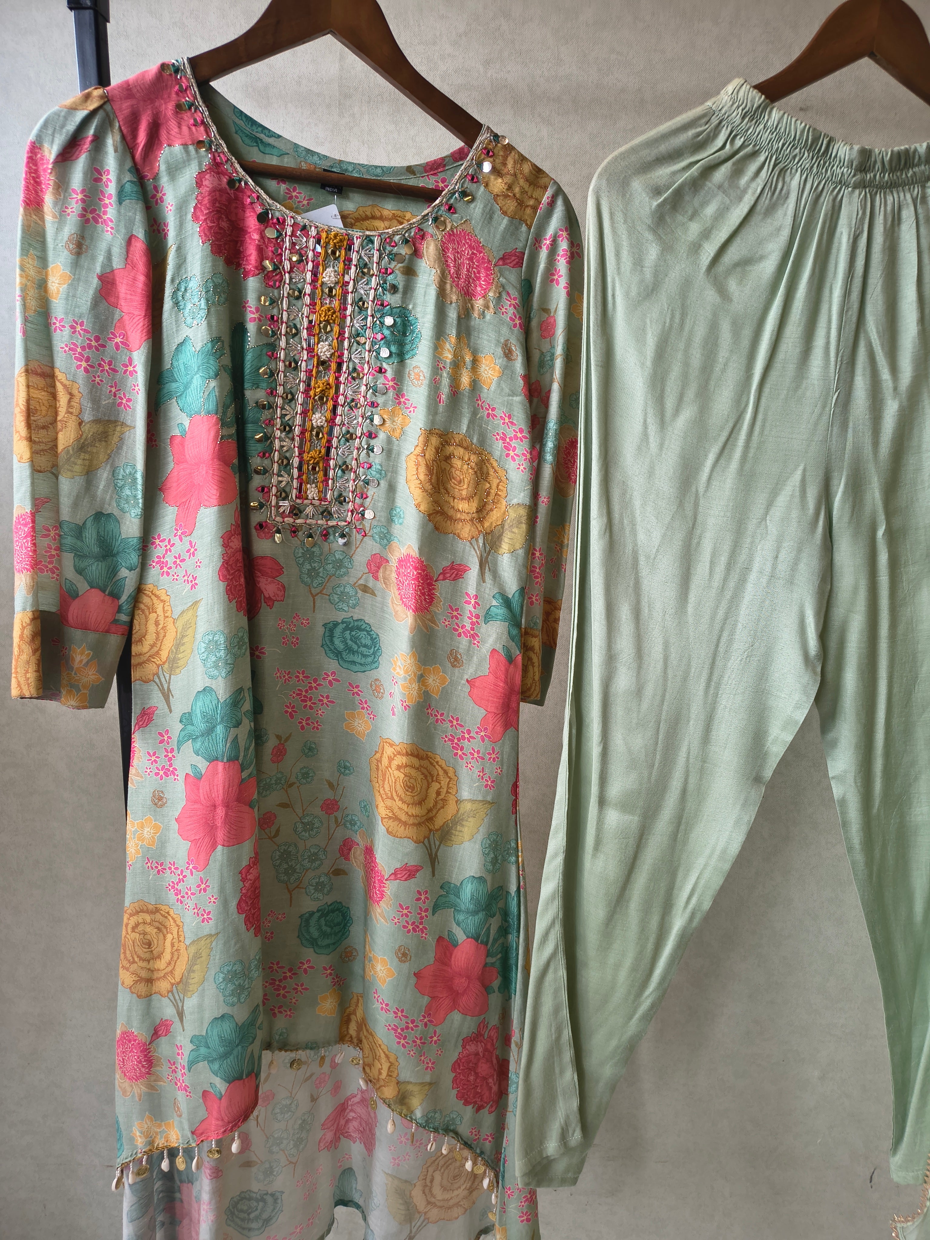 Image of Premium Mint Green Floral Printed Kurta Set with Embellished Neckline & Dupatta