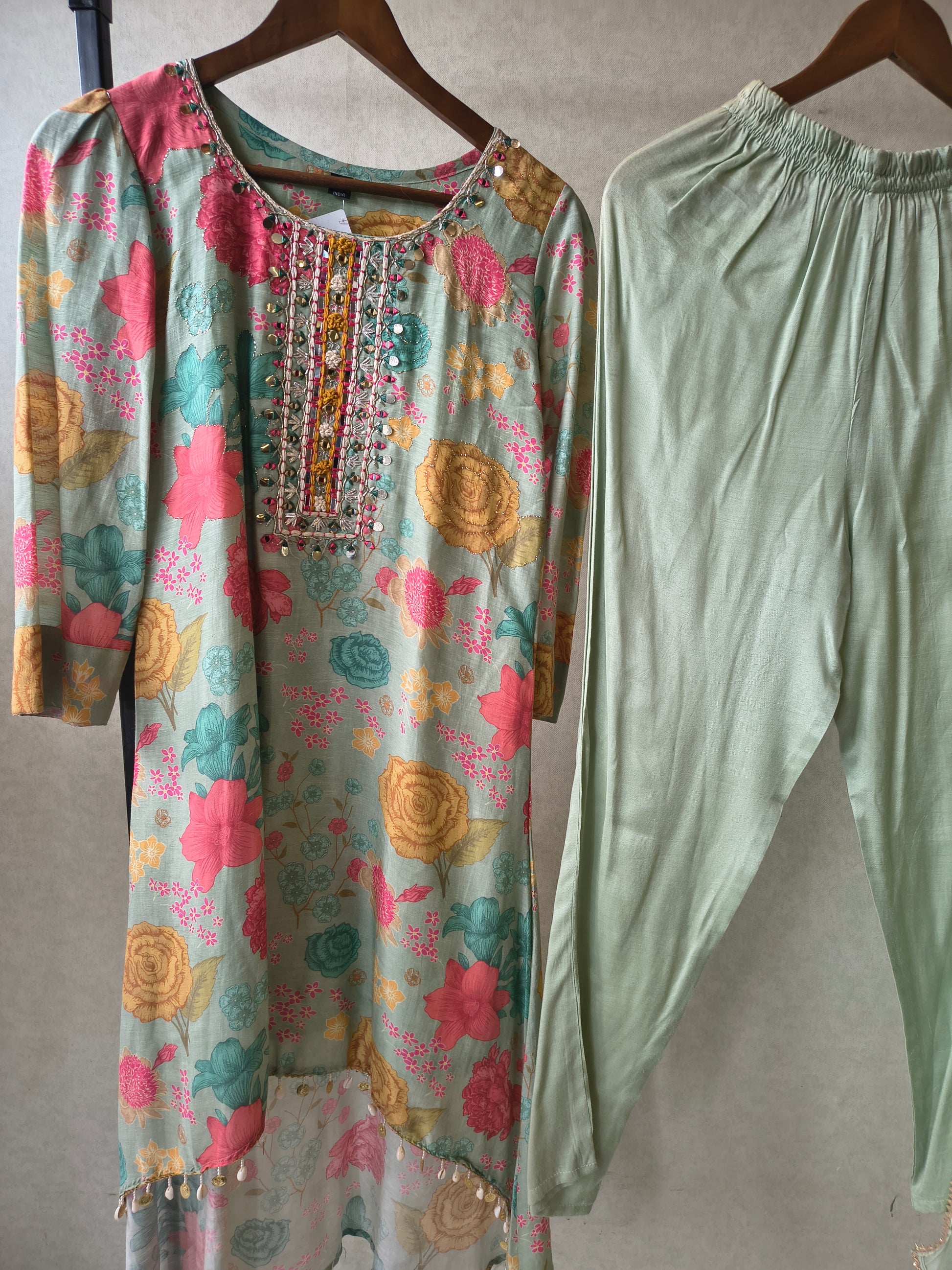 Premium Mint Green Floral Printed Kurta Set with Embellished Neckline & Dupatta