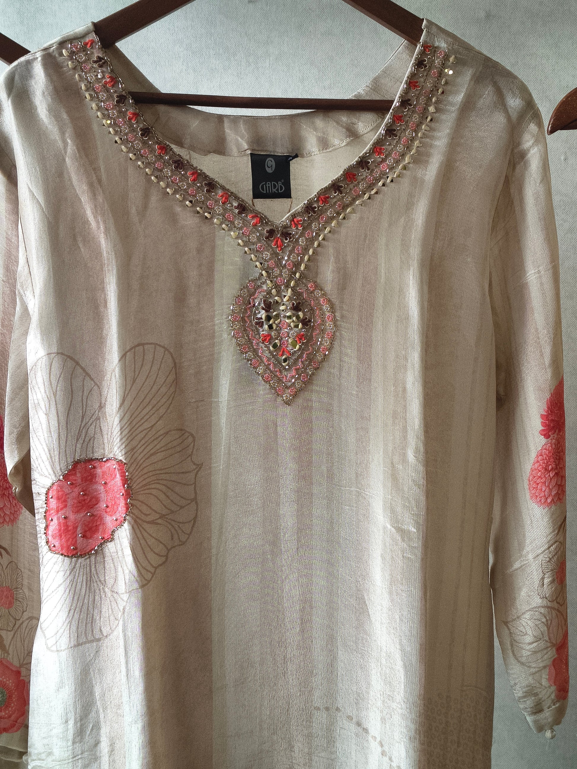 Beige Floral Printed Silk Blend Kurta Set with Hand-Embellished Neckline & Designer Dupatta – Premium 3 Piece Ethnic Ensemble