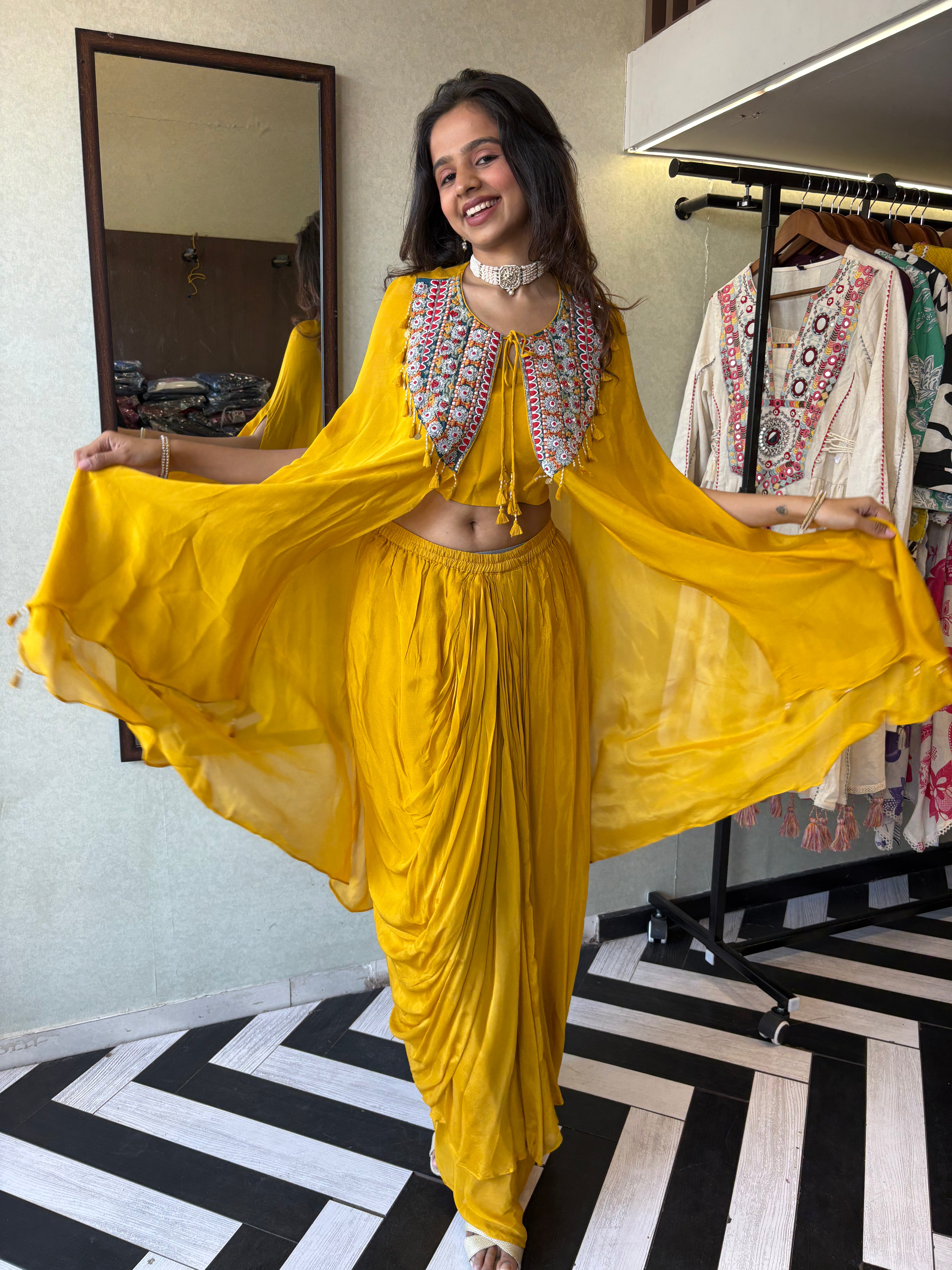 Image of Step into the spotlight with our stunning yellow pure georgette Indo-Western 2-piece. Designed with intricate handwork and full sequin craftsmanship, this piece delivers pure elegance for those who love to shine bright