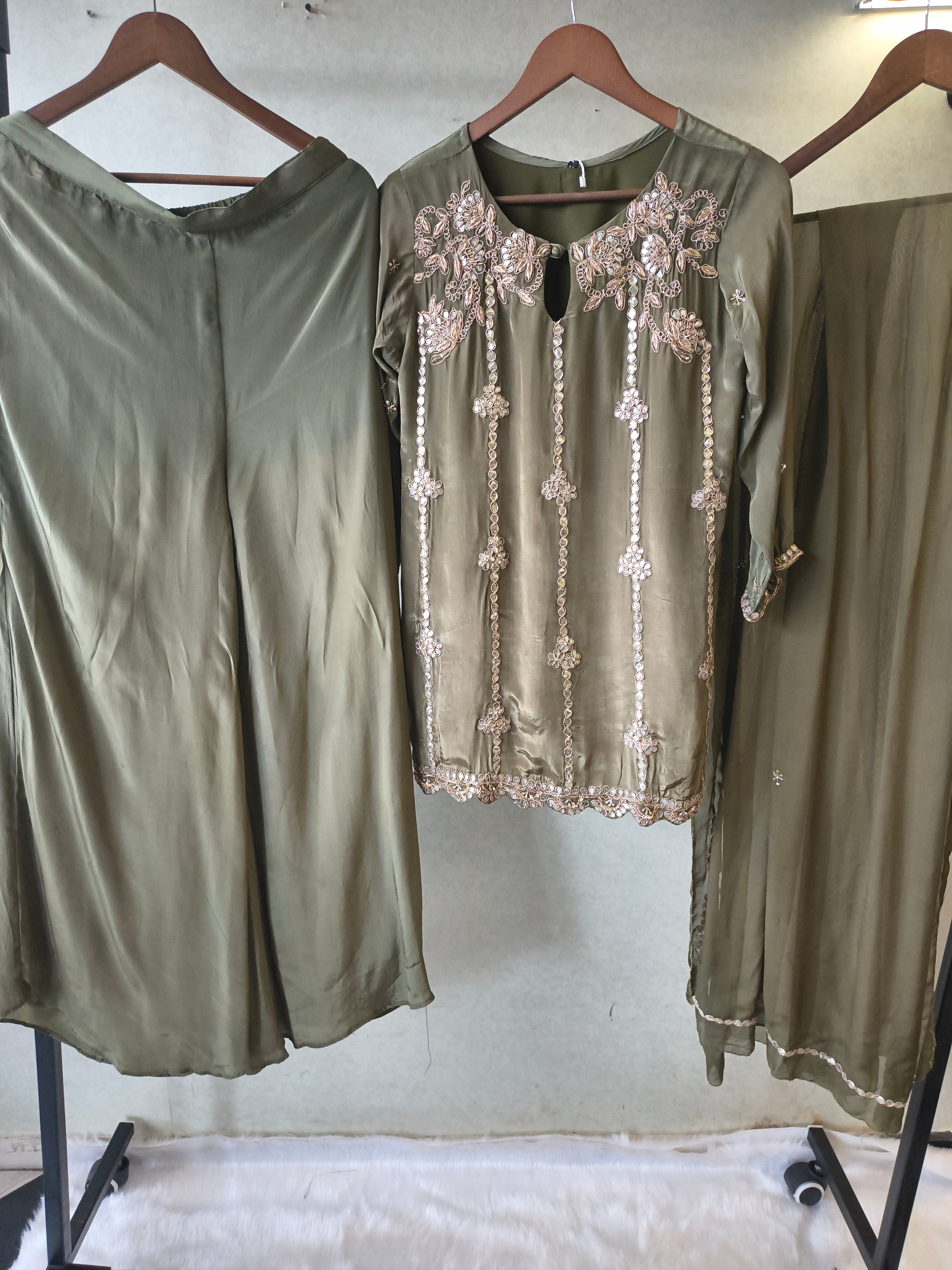 Image of Olive Green Pearl & Mirror Embroidered Kurta Set with Flared Palazzo & Organza Dupatta – Designer 3 Piece Festive Ensemble