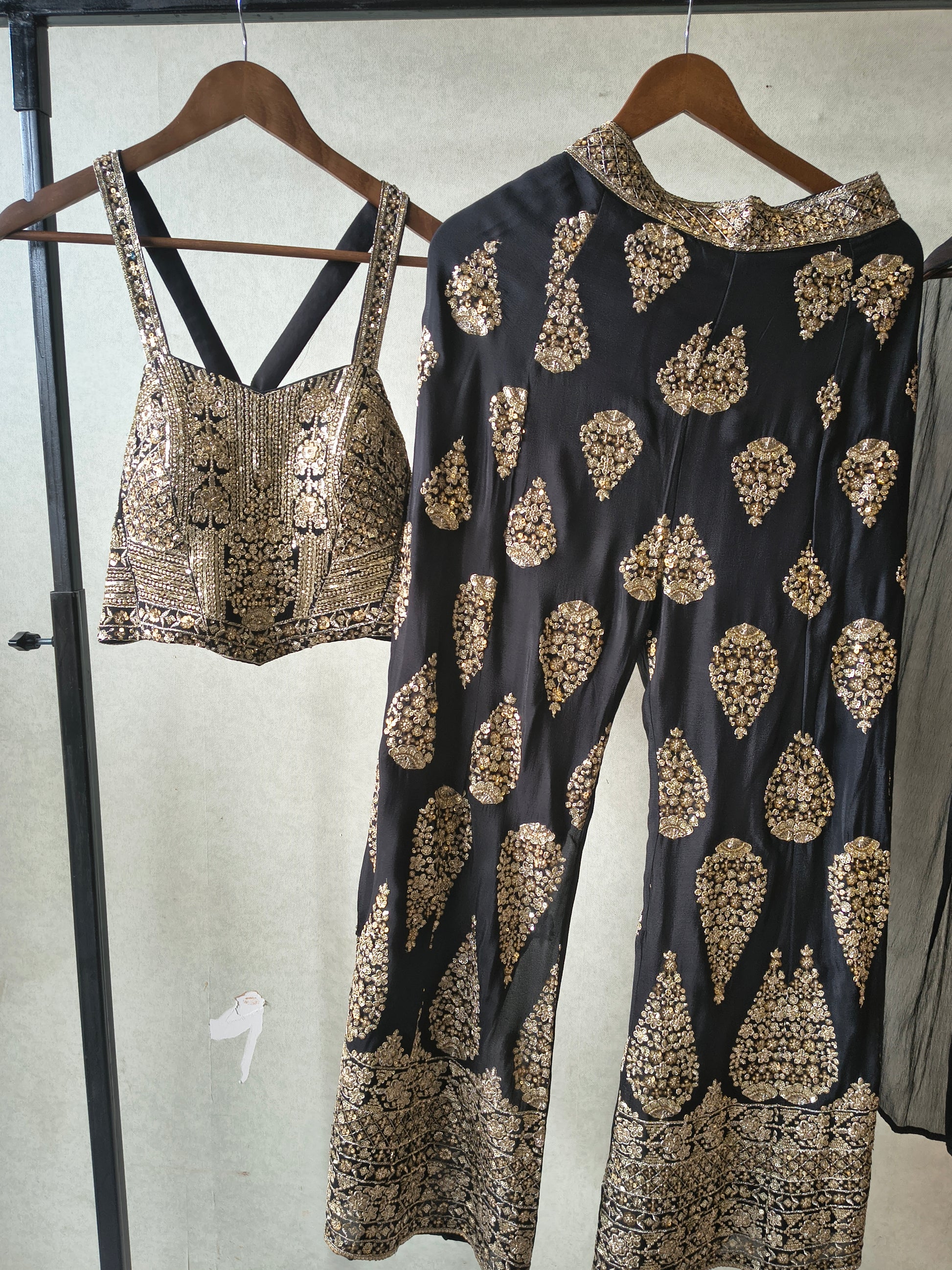 Luxury Black Hand-Embroidered Bustier & Palazzo Set with Embellished Net Dupatta – 3 Piece Designer Ensemble
