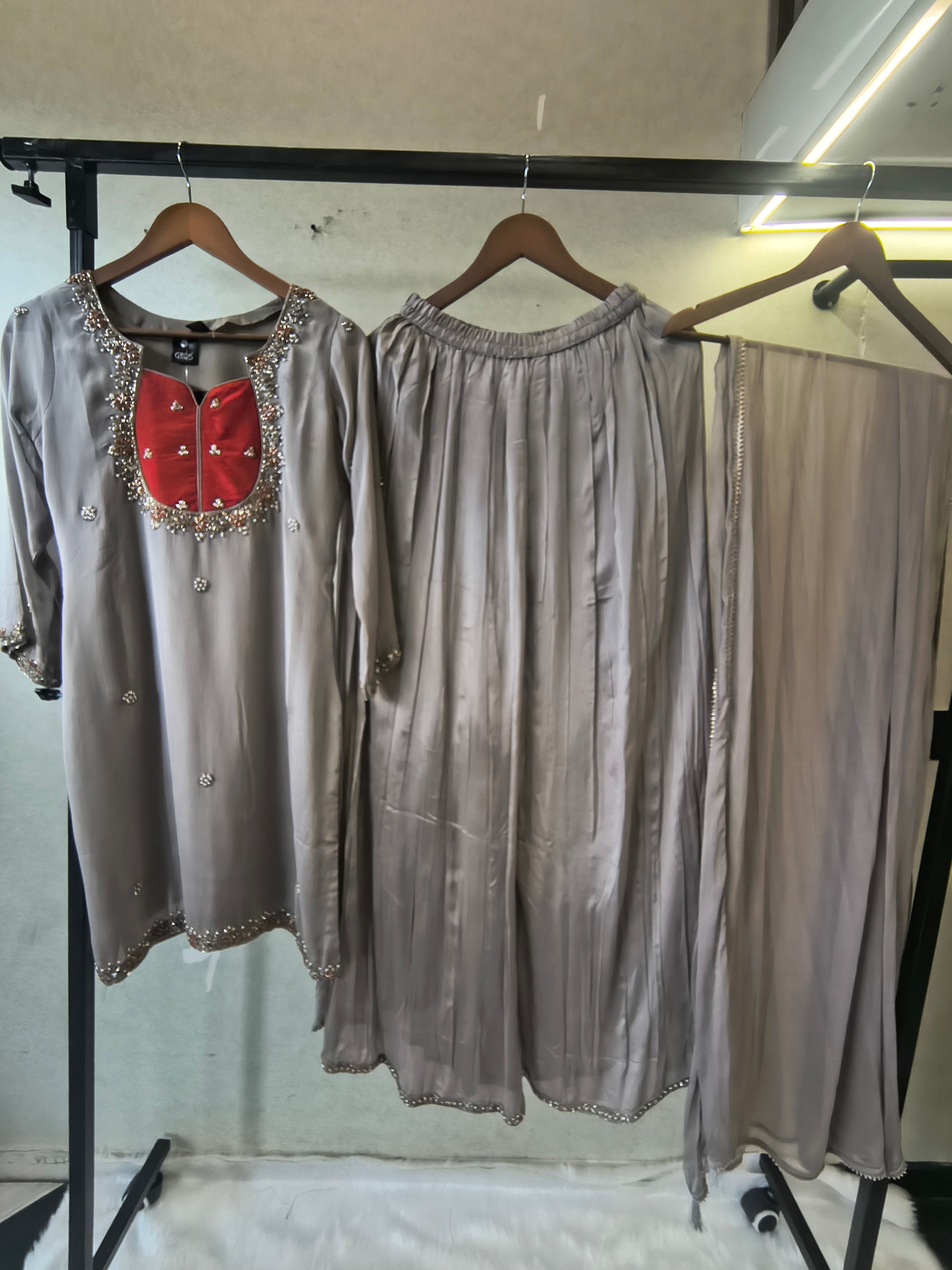 Image of Pearl Grey Embellished Straight Kurta Set with Handcrafted Neckline, Wide Palazzo & Chiffon Dupatta | Premium 3 Piece Festive Ensemble