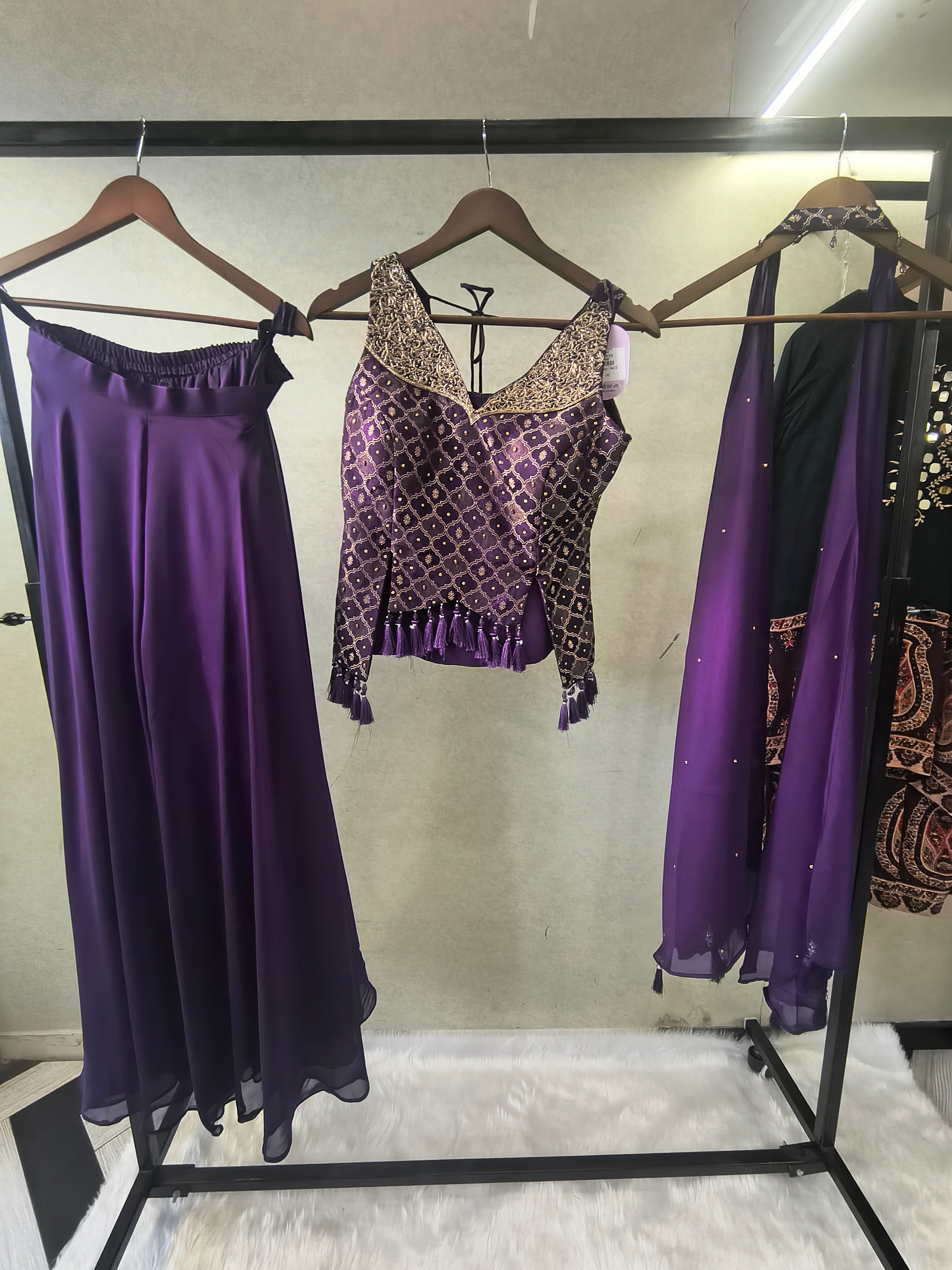 Image of Royal Purple Brocade Blouse with Flared Palazzo & Embellished Choker Dupatta – 3 Piece Designer Indo-Western Set