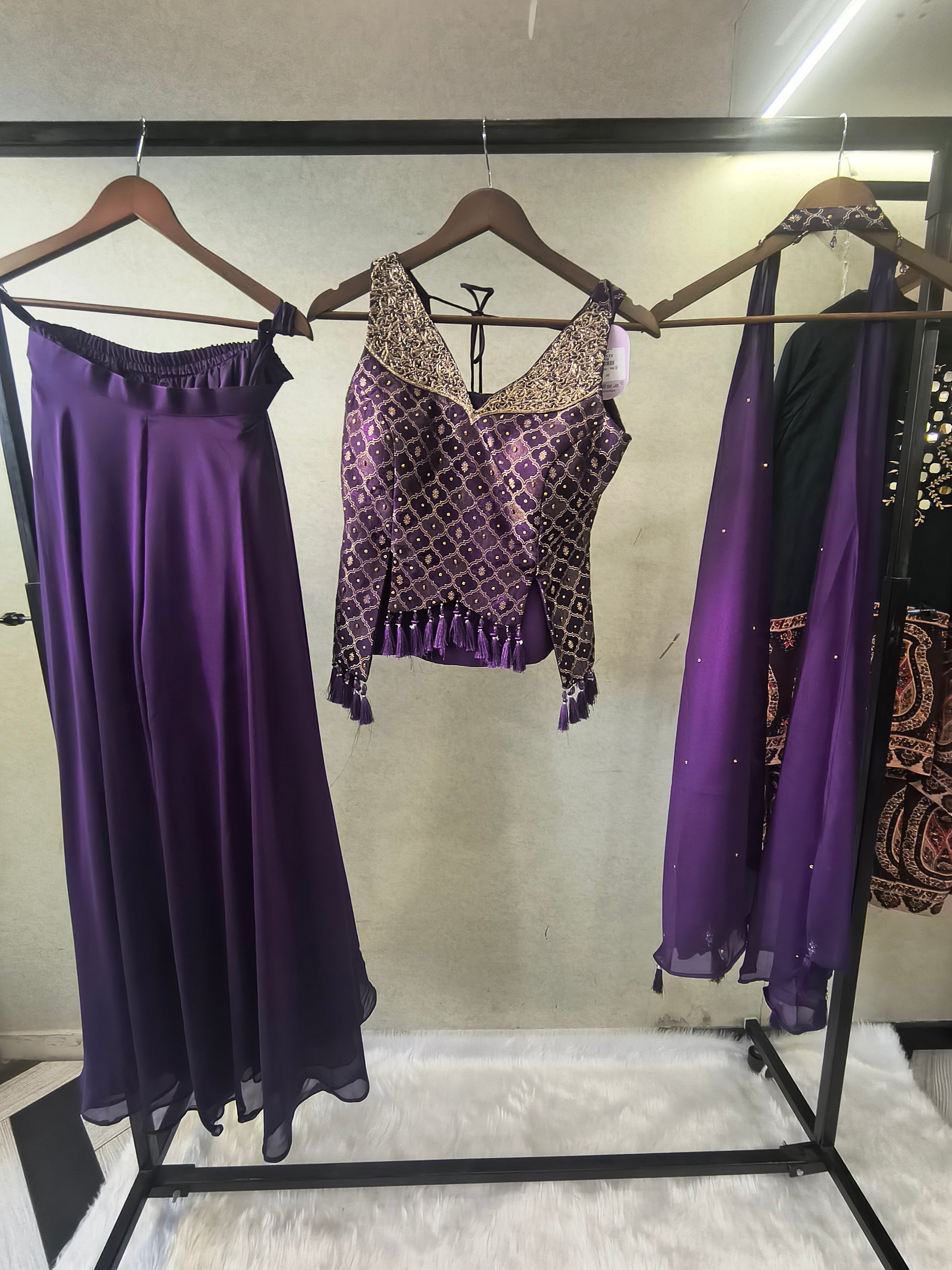 Royal Purple Brocade Blouse with Flared Palazzo & Embellished Choker Dupatta – 3 Piece Designer Indo-Western Set