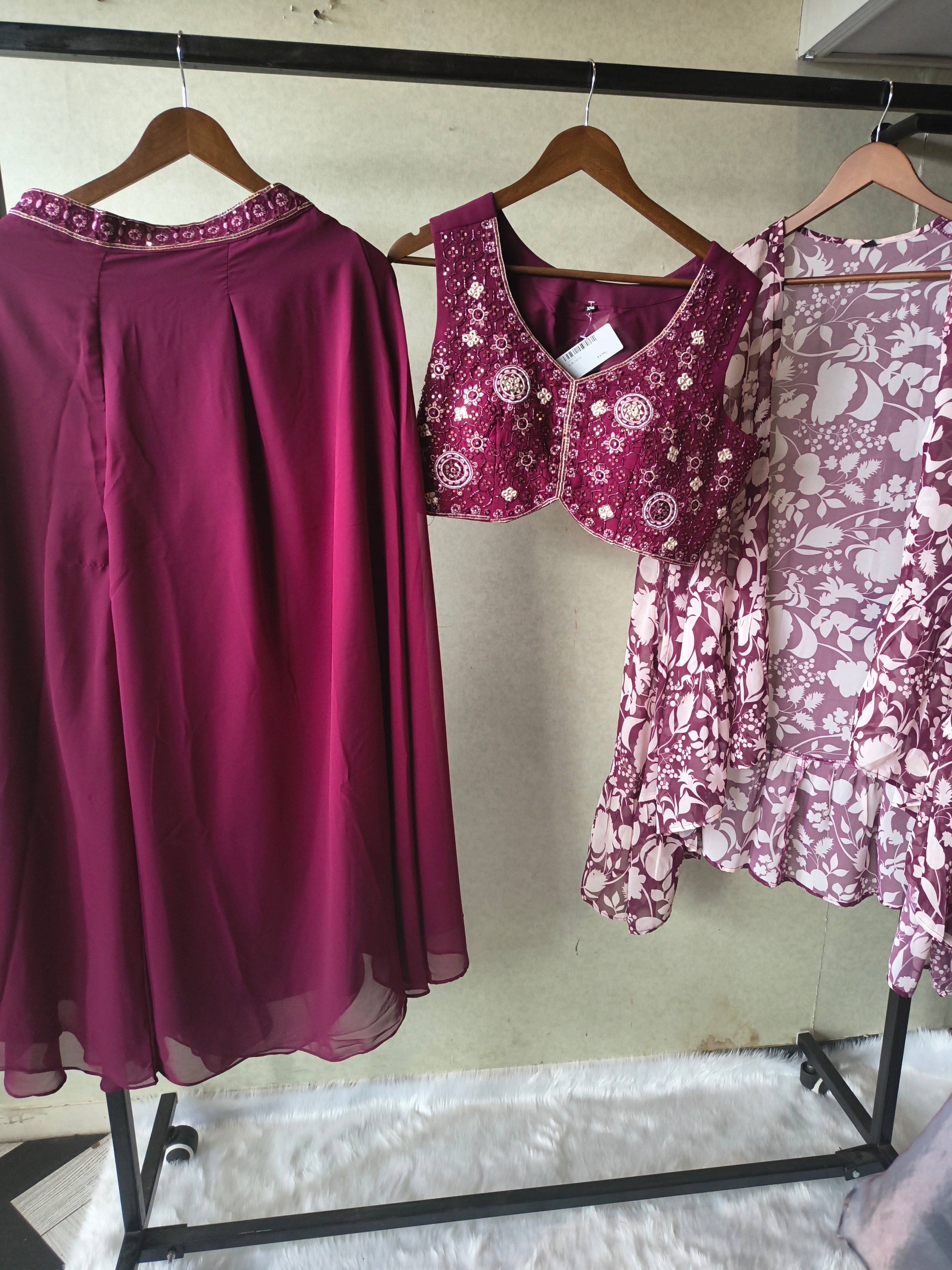 Image of Luxury Wine Embroidered Blouse with Printed Peplum Jacket & Flared Palazzo – 3 Piece Designer Indo-Western Set