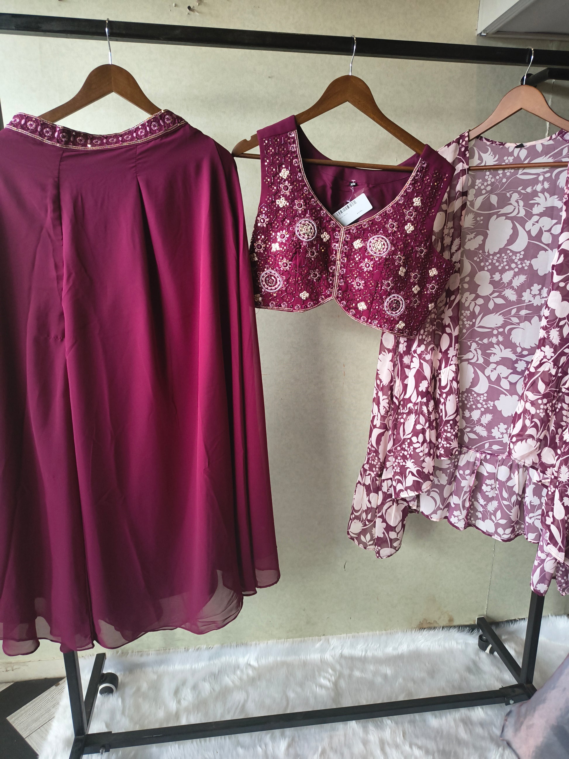 Luxury Wine Embroidered Blouse with Printed Peplum Jacket & Flared Palazzo – 3 Piece Designer Indo-Western Set
