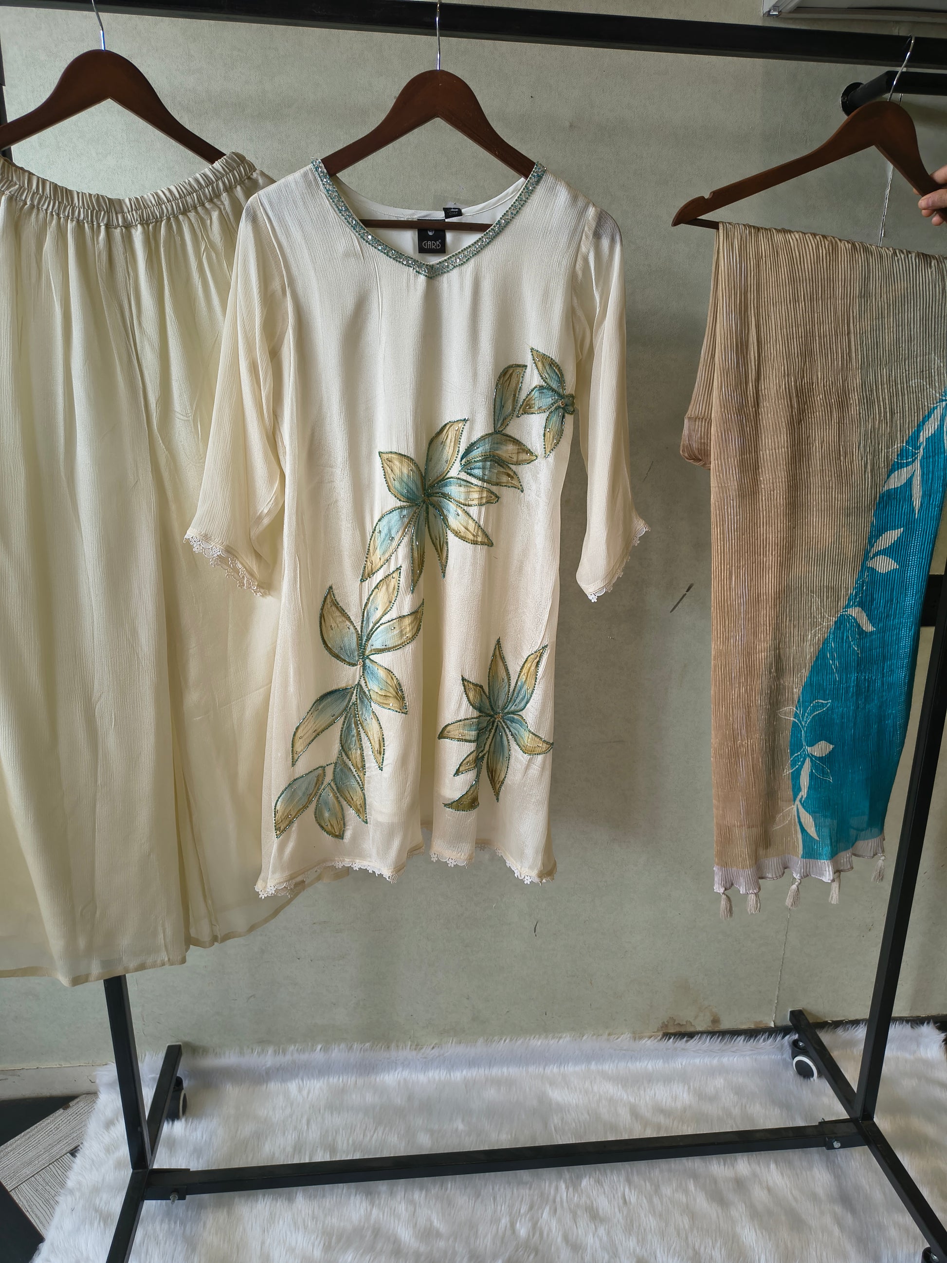 Ivory Floral Hand-Painted Three-Piece Kurta Set with Palazzo & Ombre Dupatta