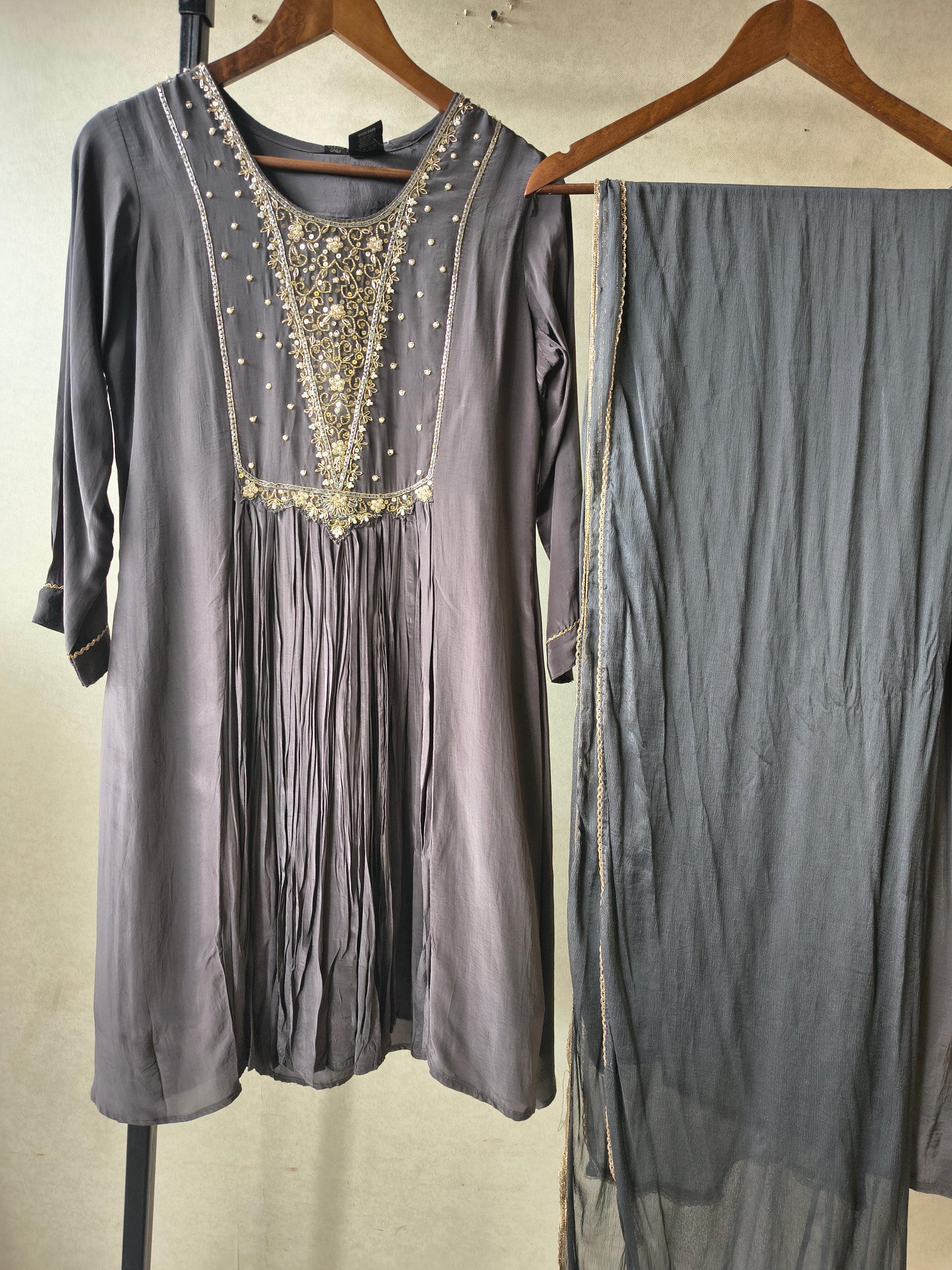 Charcoal Grey Hand Embroidered Anarkali Kurta Set with Churidar Pants & Sheer Dupatta – Premium 3 Piece Festive Ensemble