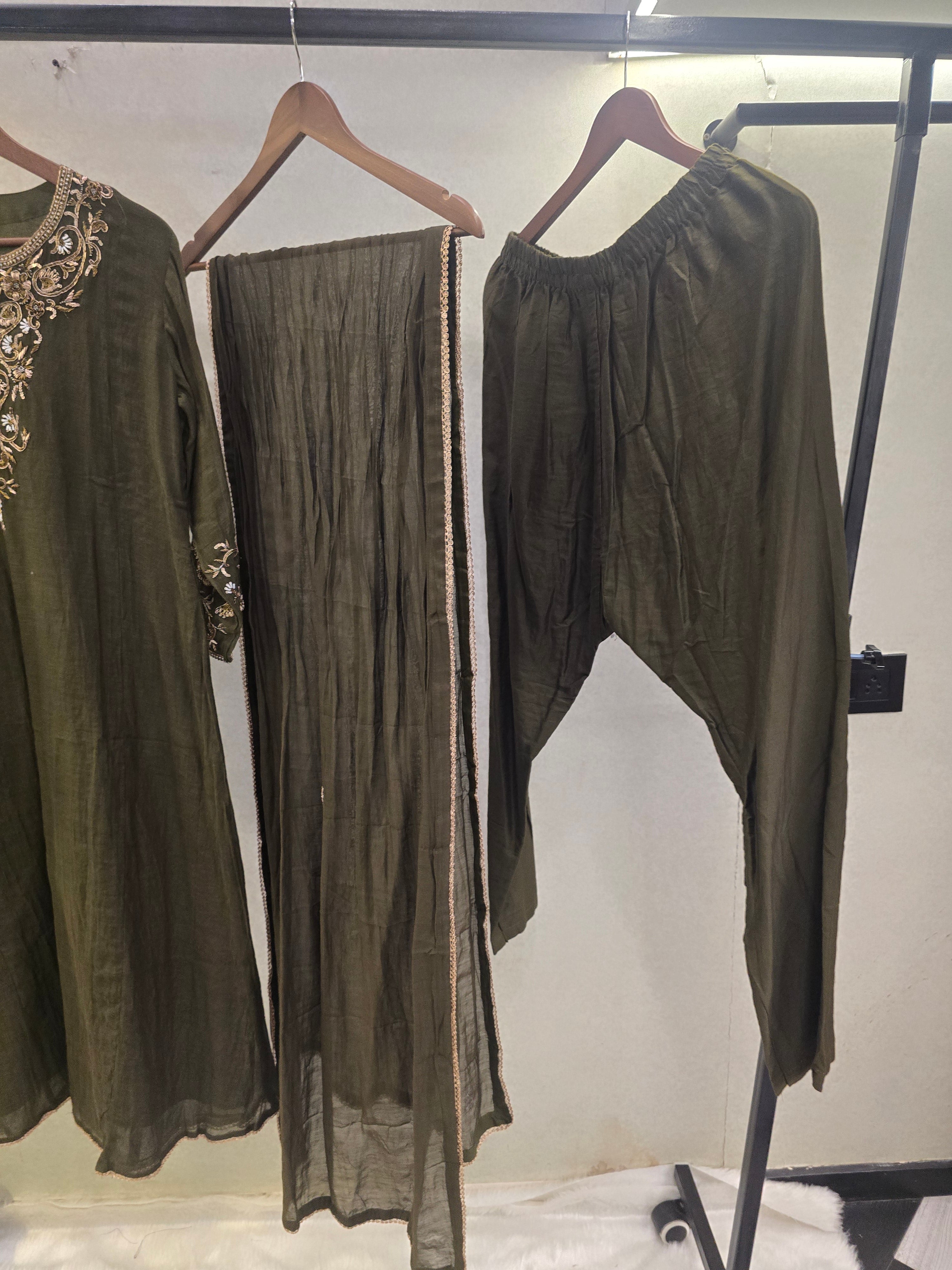 Image of Olive Green Designer Embroidered Kurta Set with Chiffon Dupatta | Premium 3 Piece Ethnic Suit
