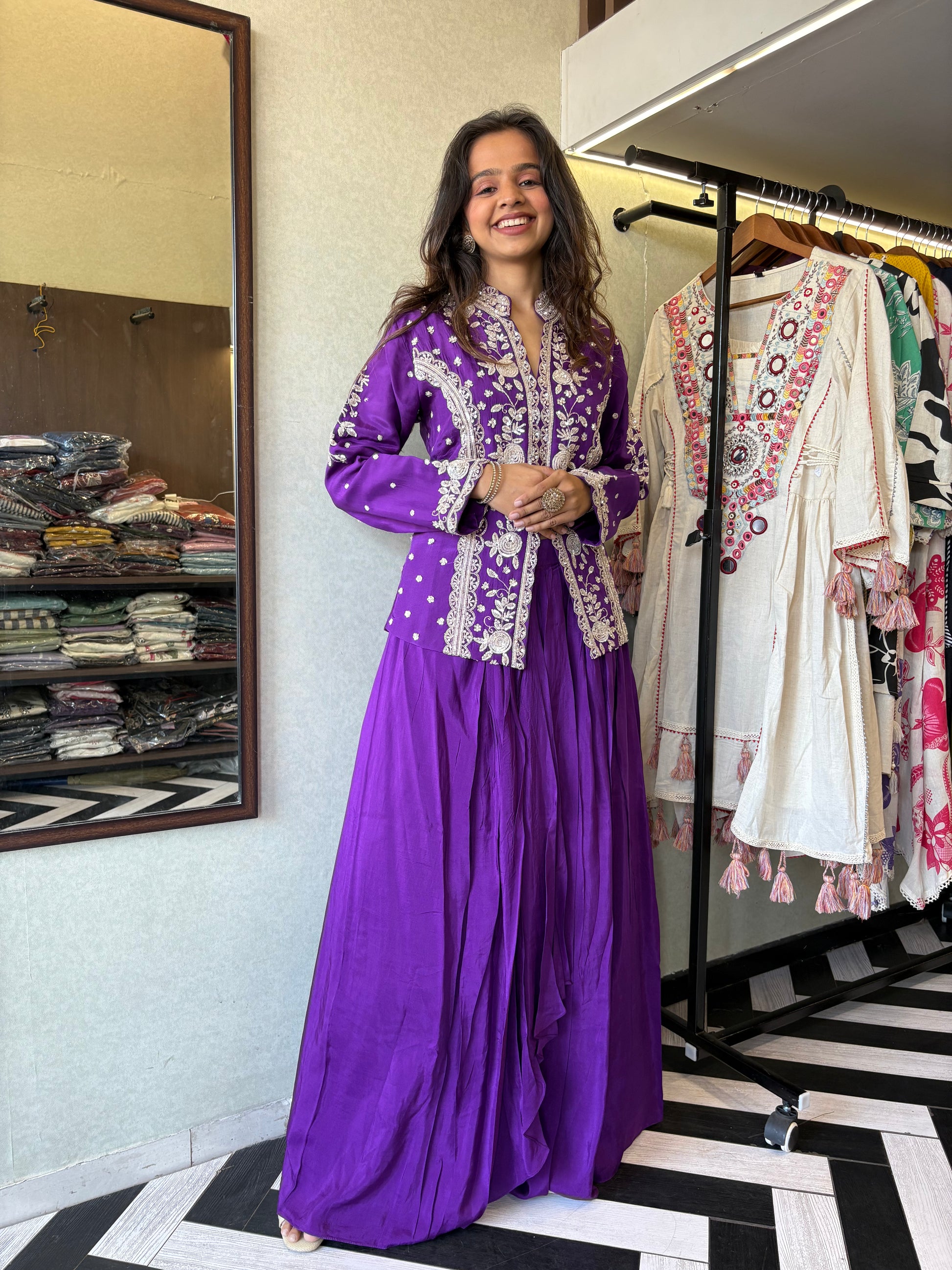 Be the showstopper in this premium pure silk Indo-Western 3-piece set