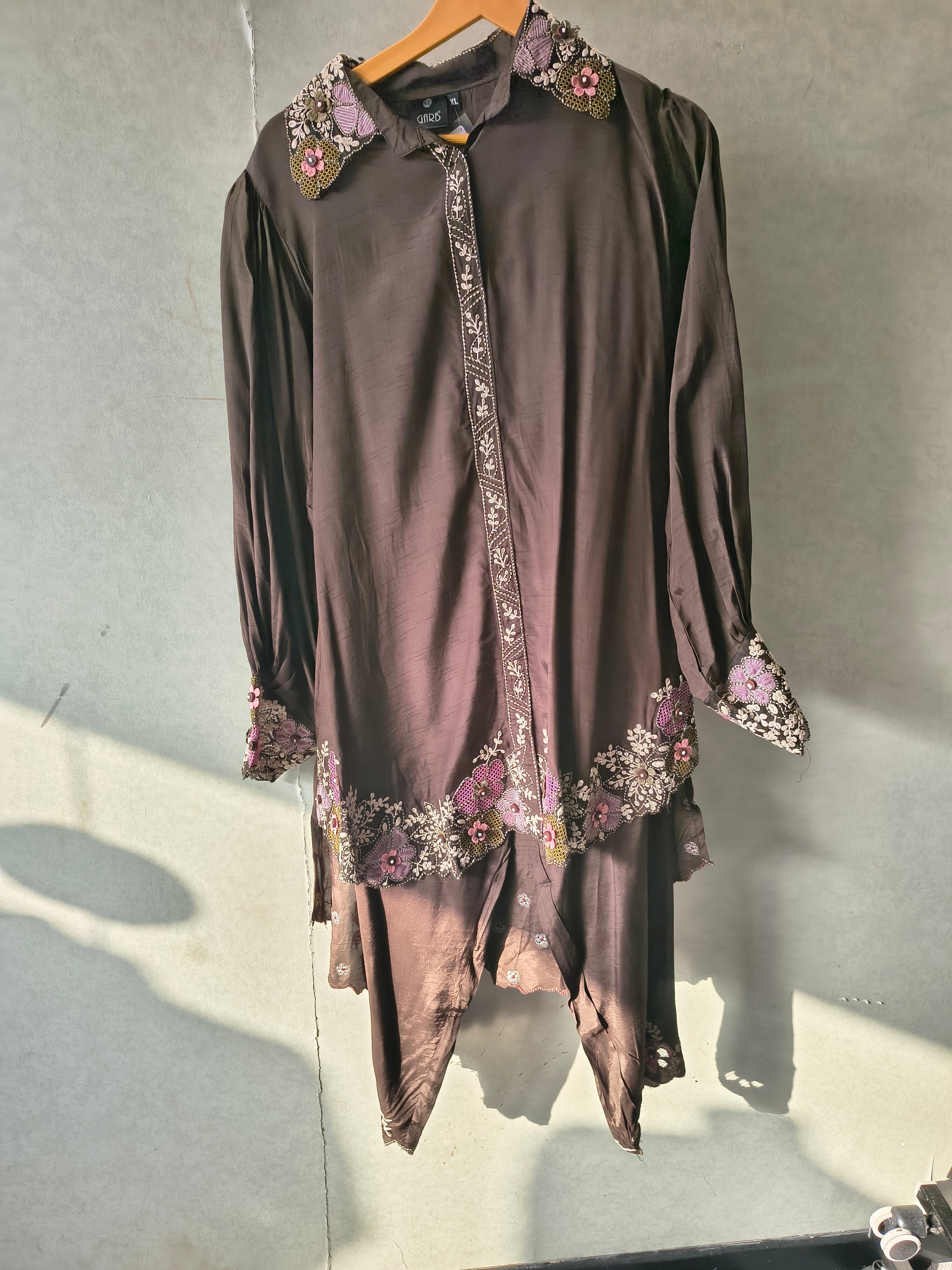 Chocolate Brown Designer Embroidered Co-Ord Set with 3D Floral Appliqué & Organza Hem