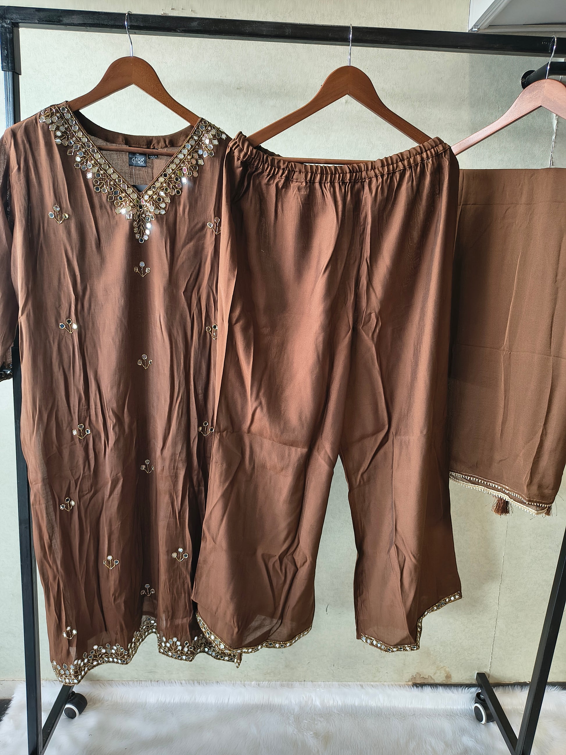 Premium Chocolate Brown Embellished Kurta Set with Mirror Work & Tassel Dupatta