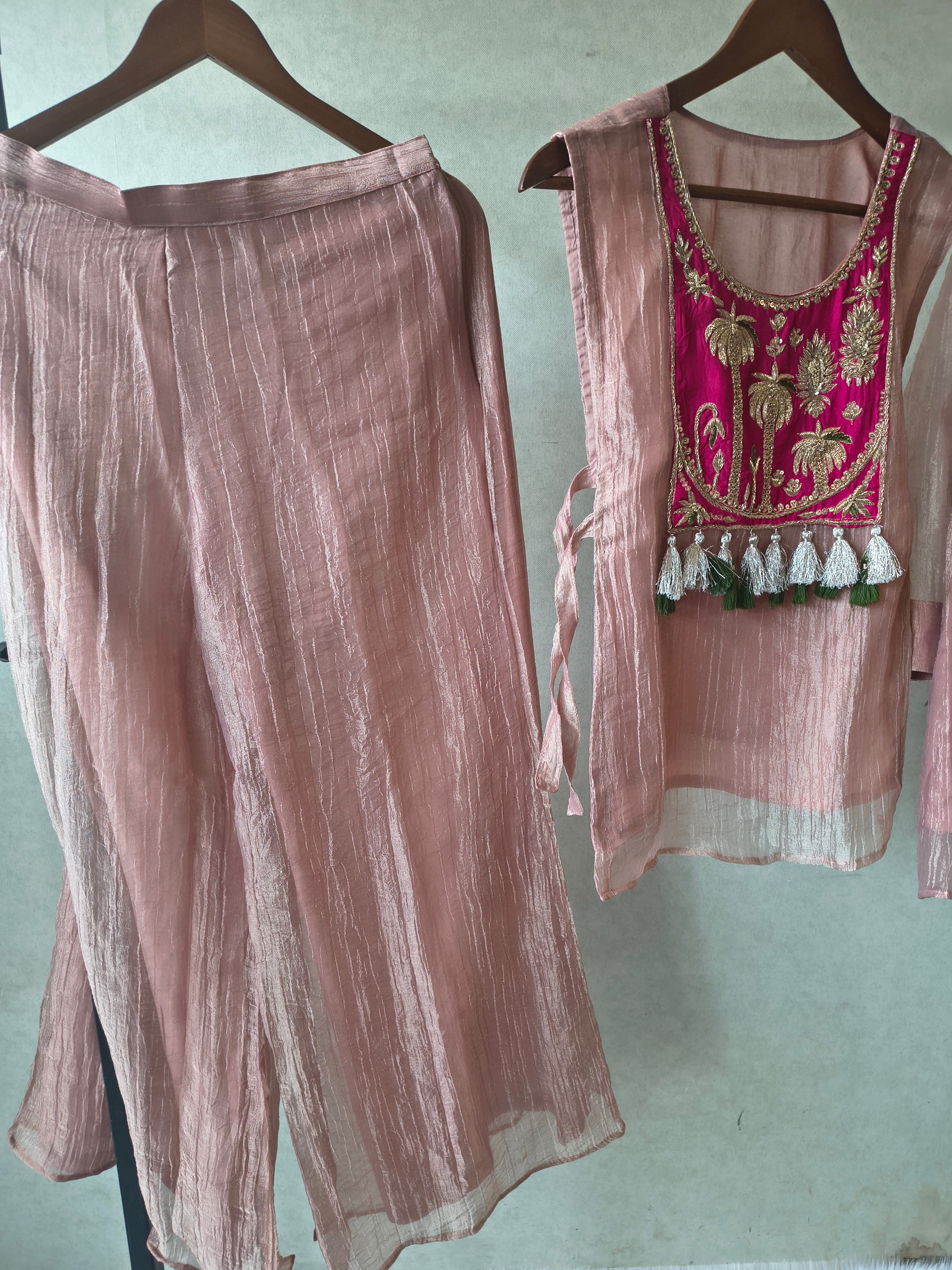 Image of Premium Rose Gold Tissue Silk 3-Piece Co-Ord Set with Hand Embellished Jacket, Inner & Palazzo