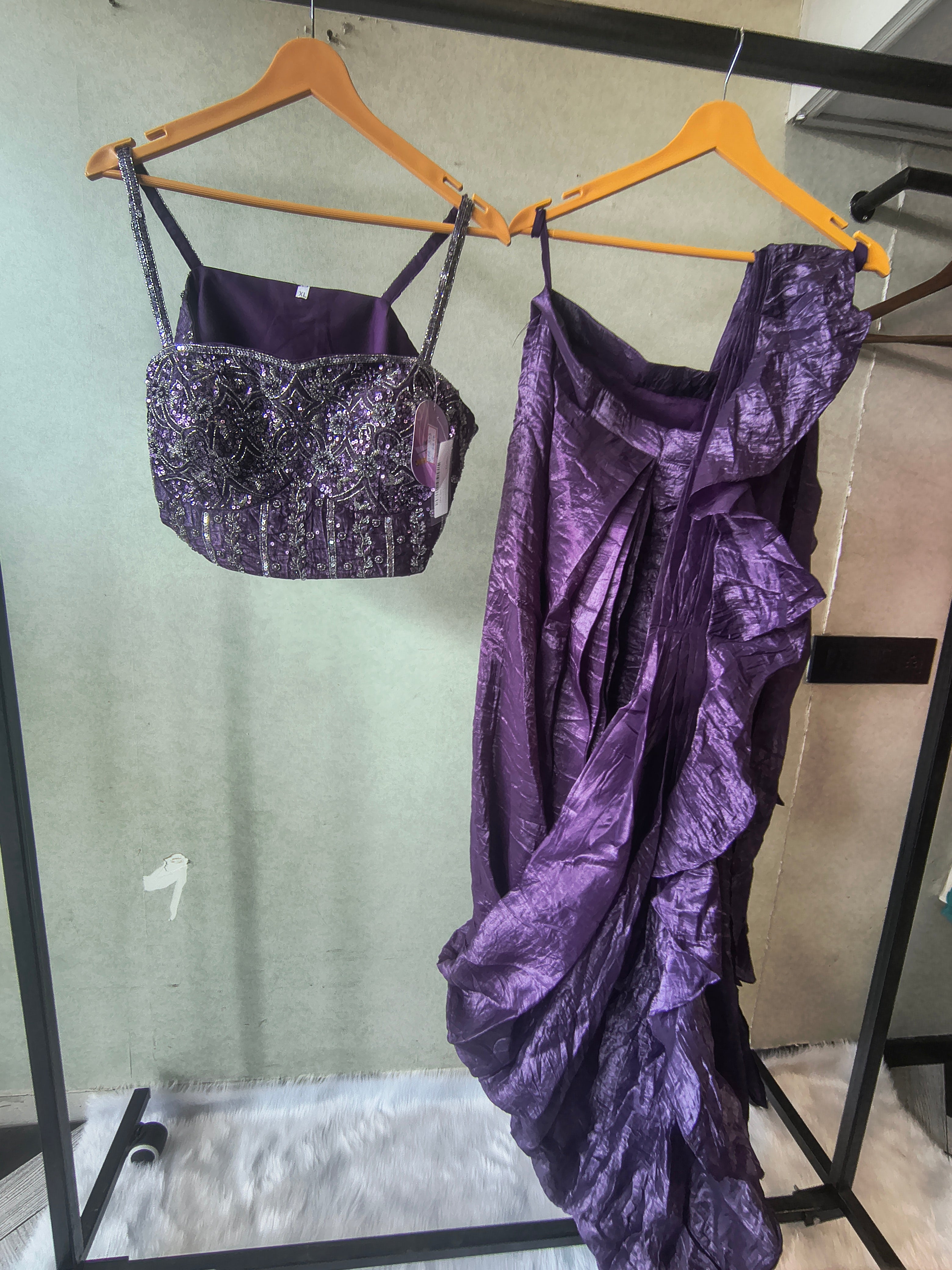 Image of Premium Purple Pre-Draped Designer Saree with Heavy Hand Embroidered Sequins Blouse