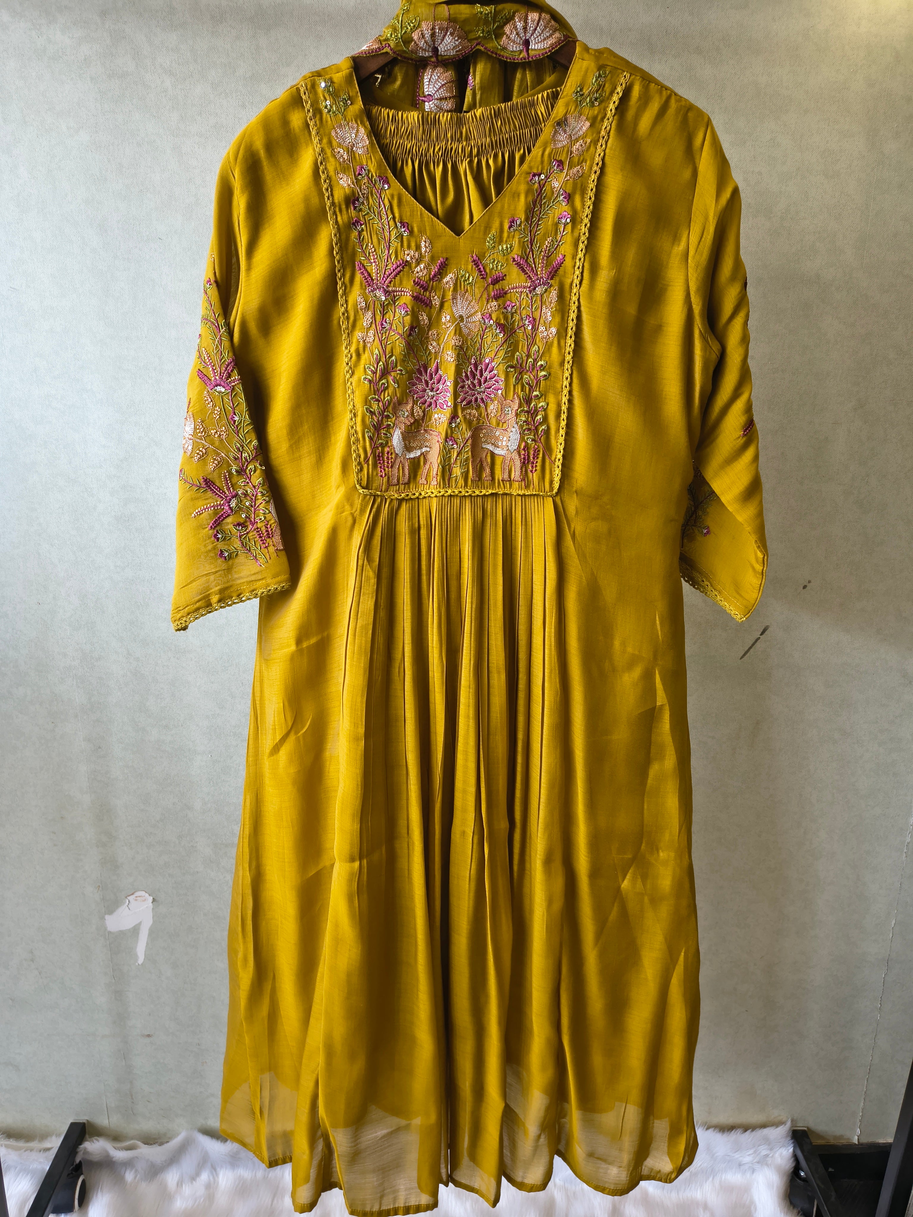 Image of Mustard Yellow Cotton Blend 3-Piece Suit Set with Floral Embroidered Yoke & Tassel Dupatta