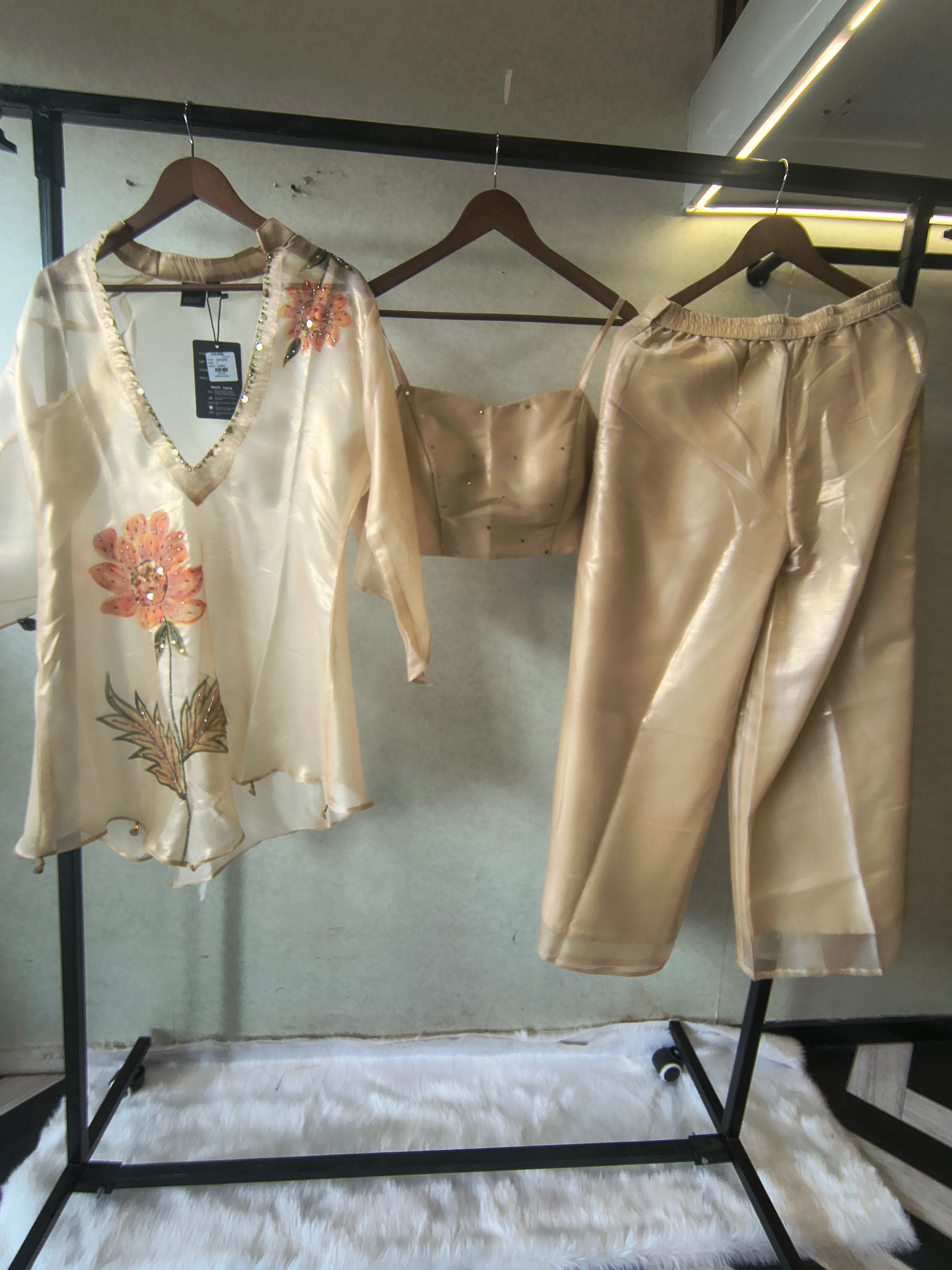 Image of Champagne Gold Floral Hand-Painted Kaftan Co-ord Set with Embellished Blouse & Satin Palazzo