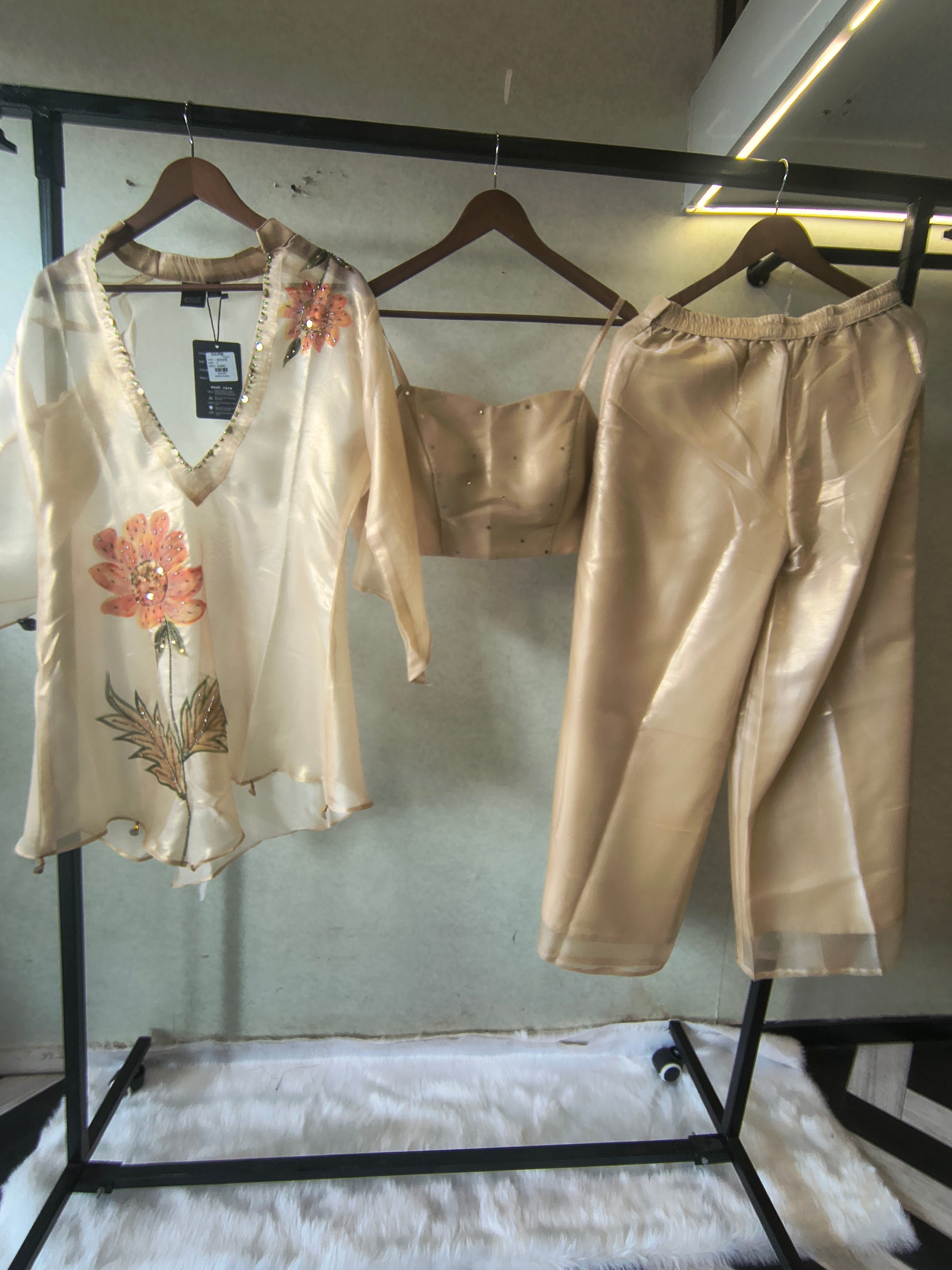 Champagne Gold Floral Hand-Painted Kaftan Co-ord Set with Embellished Blouse & Satin Palazzo