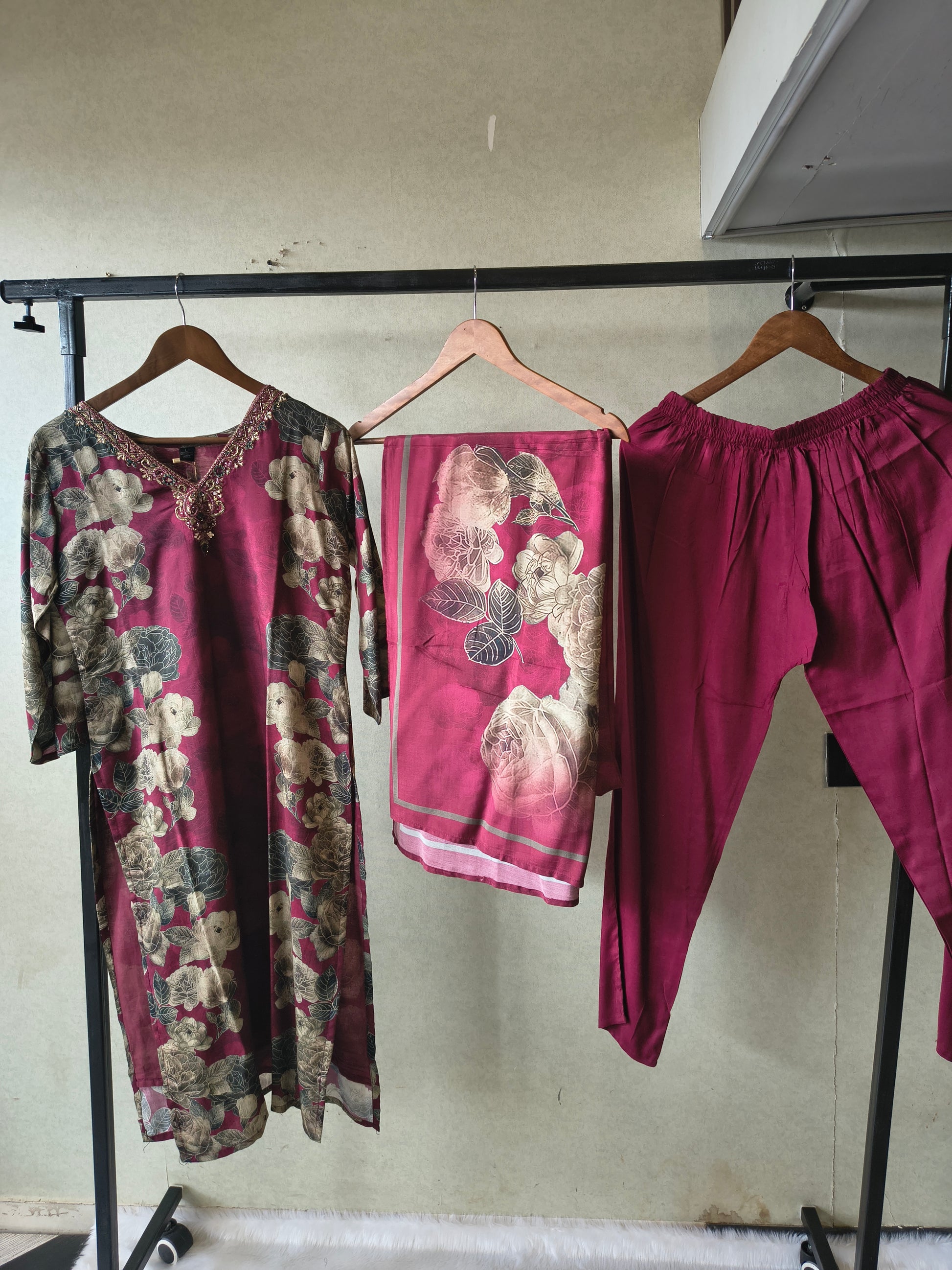 Premium Wine Floral Printed Kurta Set with Solid Pants & Printed Dupatta