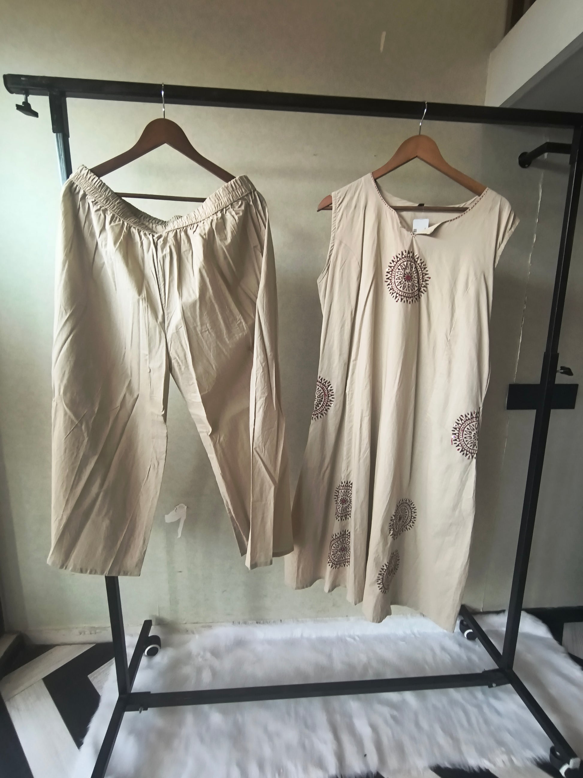 Premium Beige Hand Block Motif A-Line Kurta Set with Straight Pants