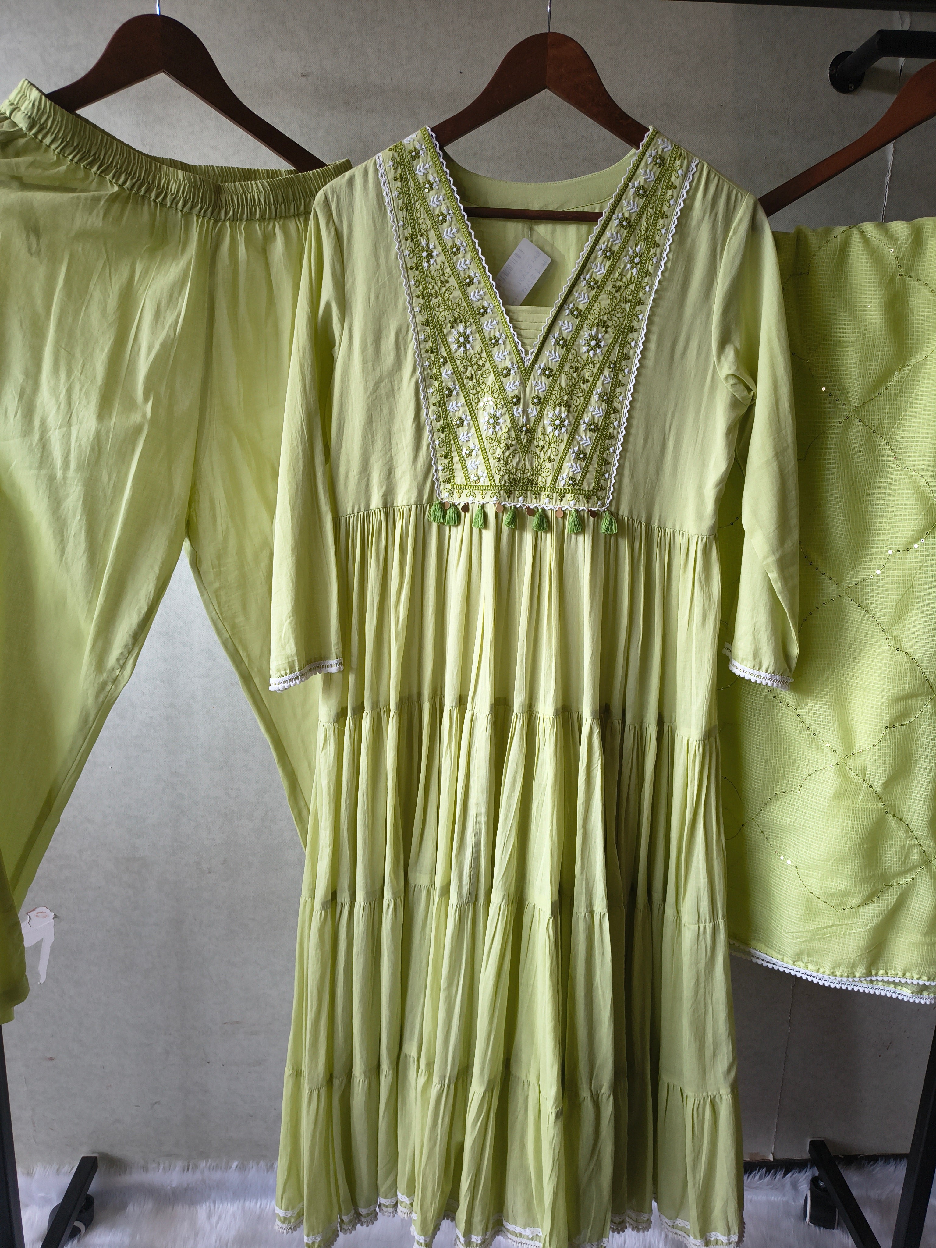 Image of Lime Green Cotton Tiered Kurta Set with Embroidered Yoke & Quilted Dupatta
